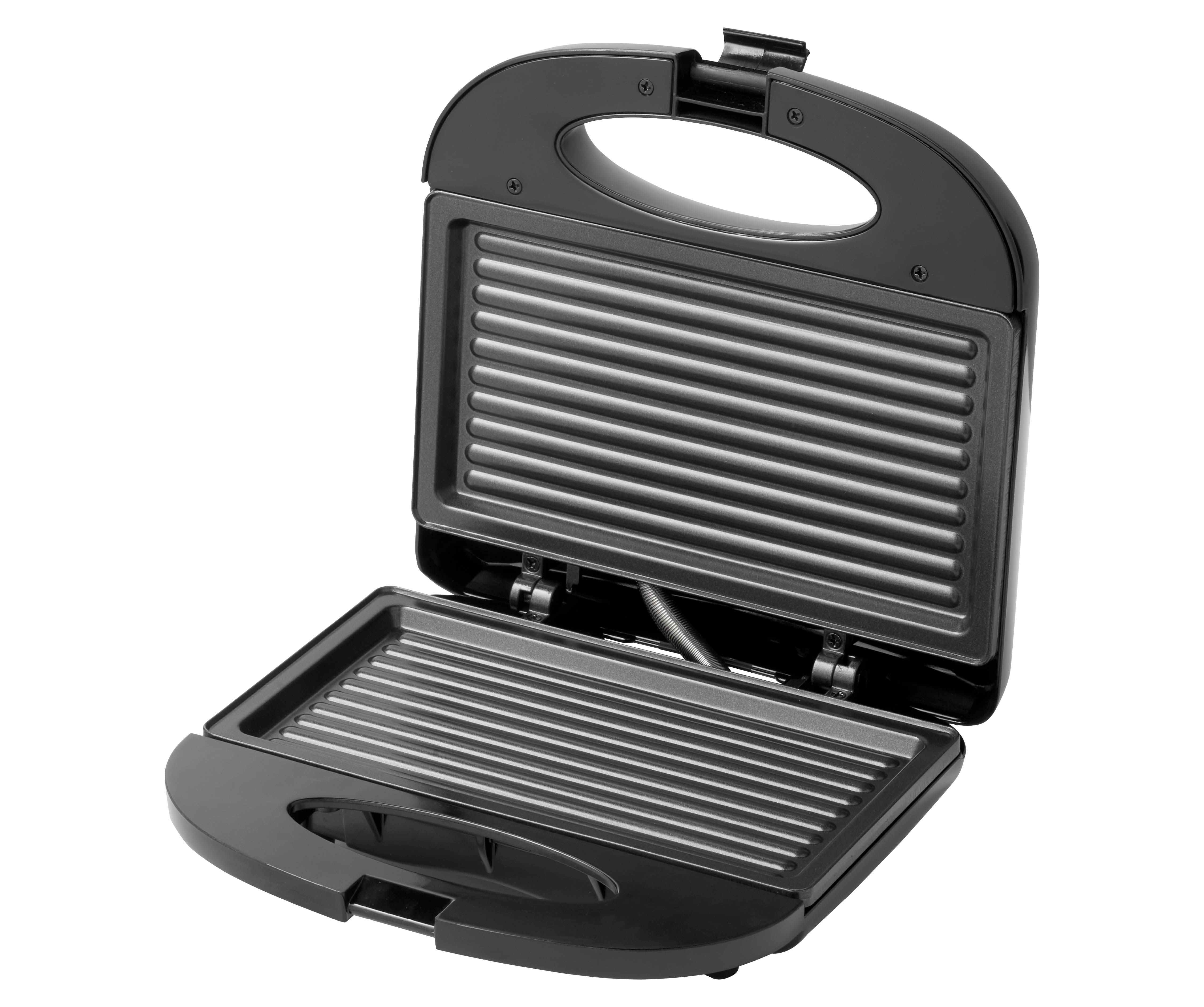 Schwarzer Sandwichmaker, offen, zeigt Grillplatten. Oberer Deckel offen, untere Platte sichtbar.