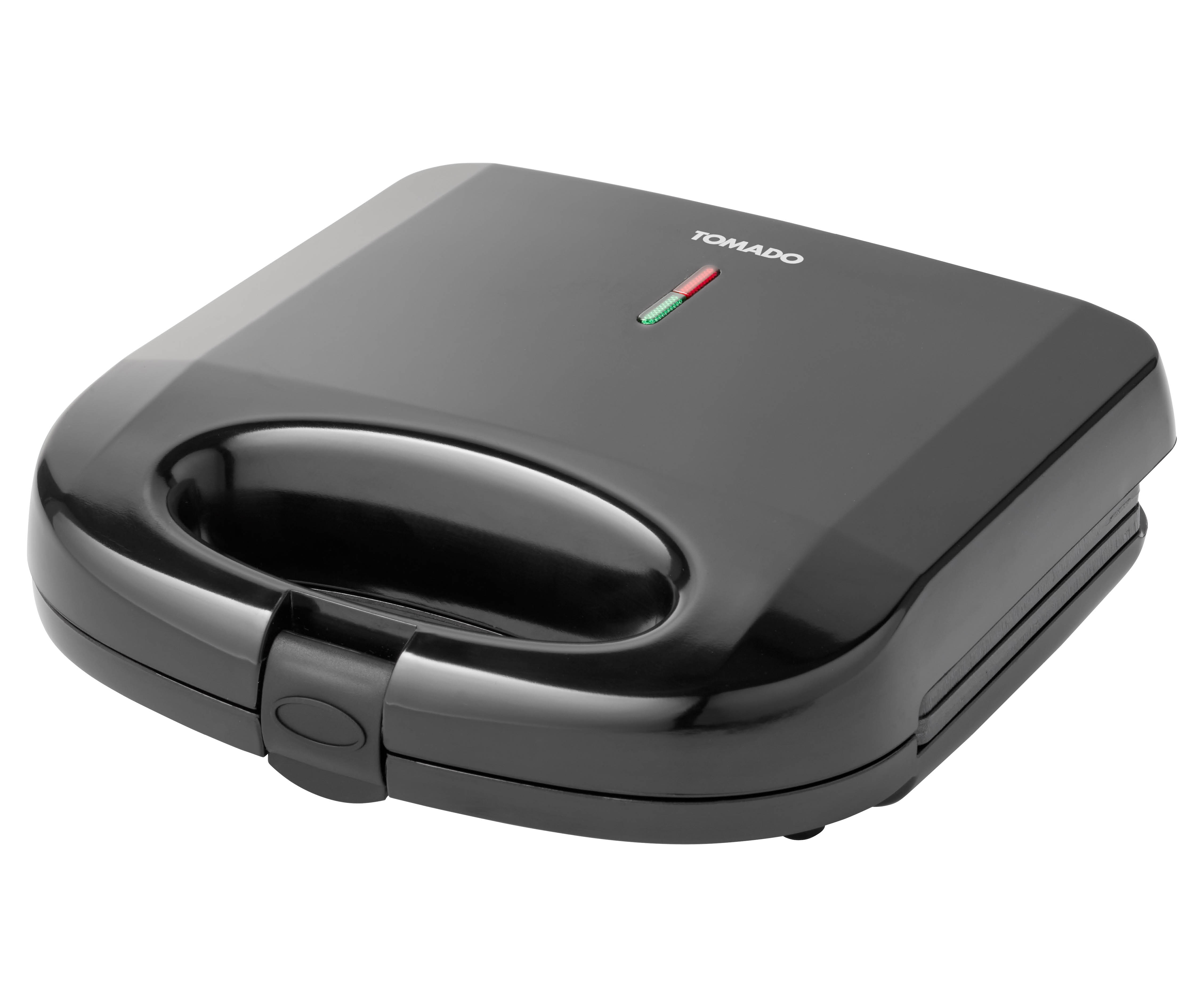 Schwarzer Sandwichmaker, geschlossen und glänzend, mit grünem und rotem Licht.