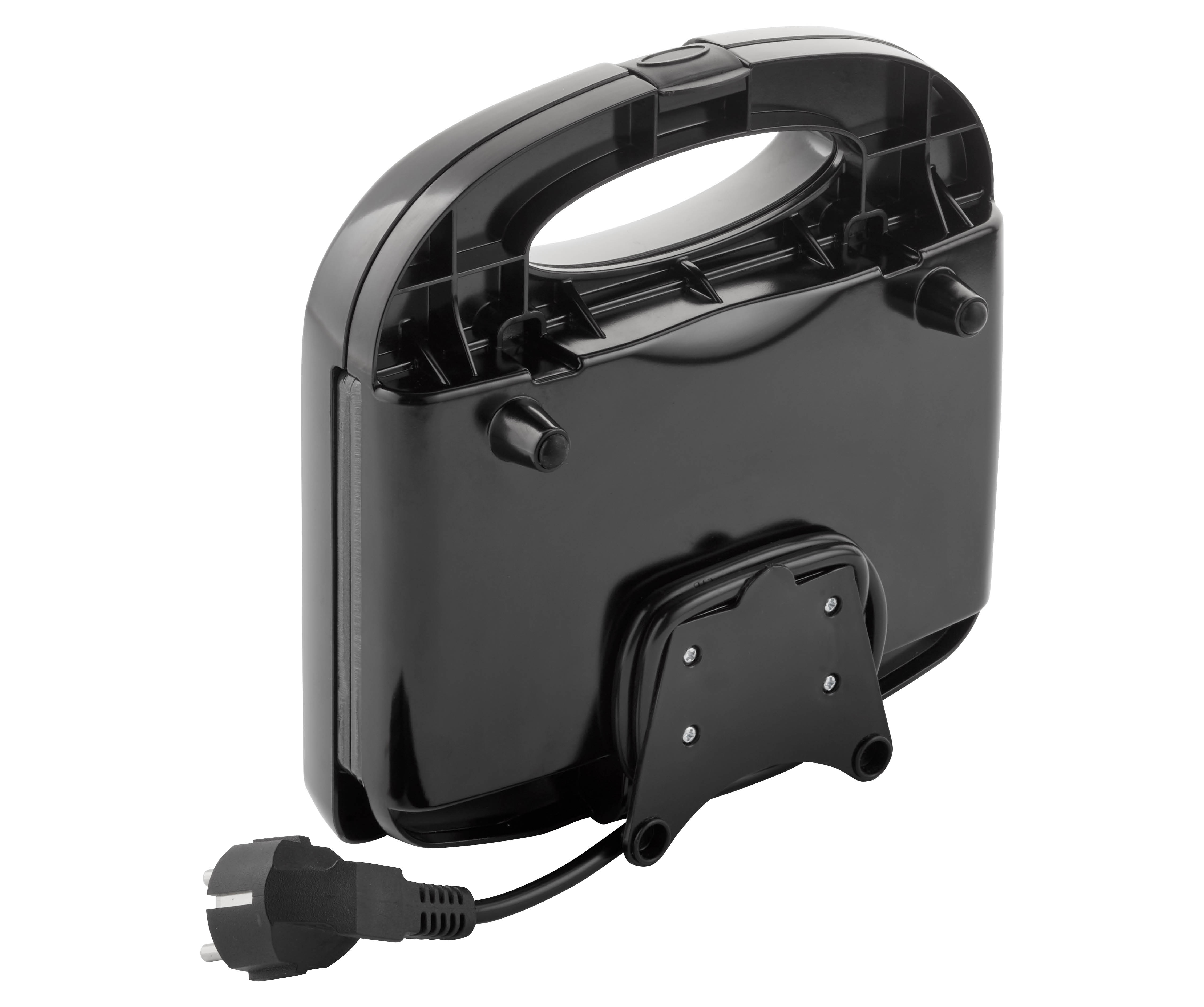 Schwarzer Sandwichmaker, Rückansicht. Stecker und Kabel befestigt. Griff sichtbar.