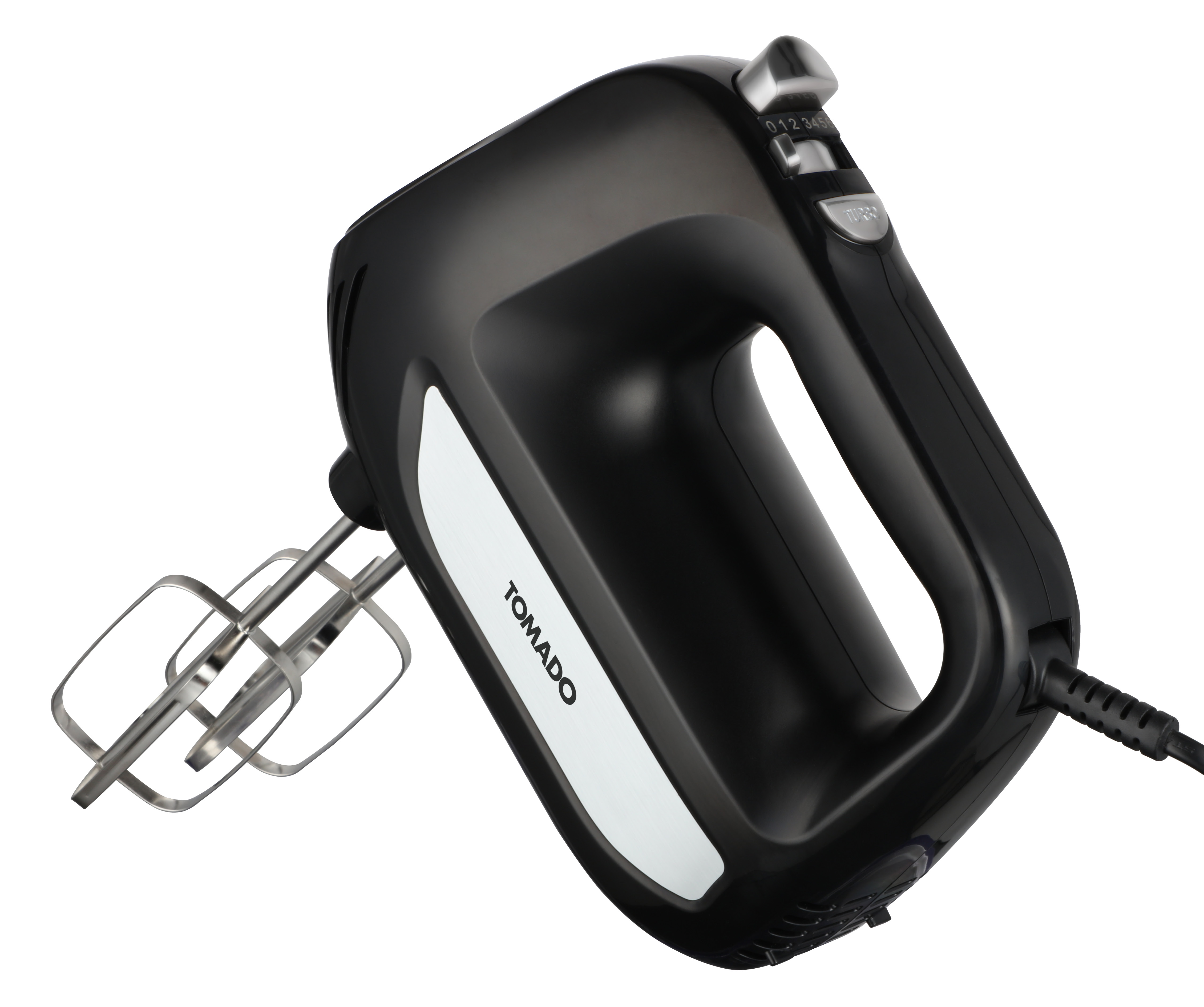 A black hand mixer with the TOMADO logo and speed settings.