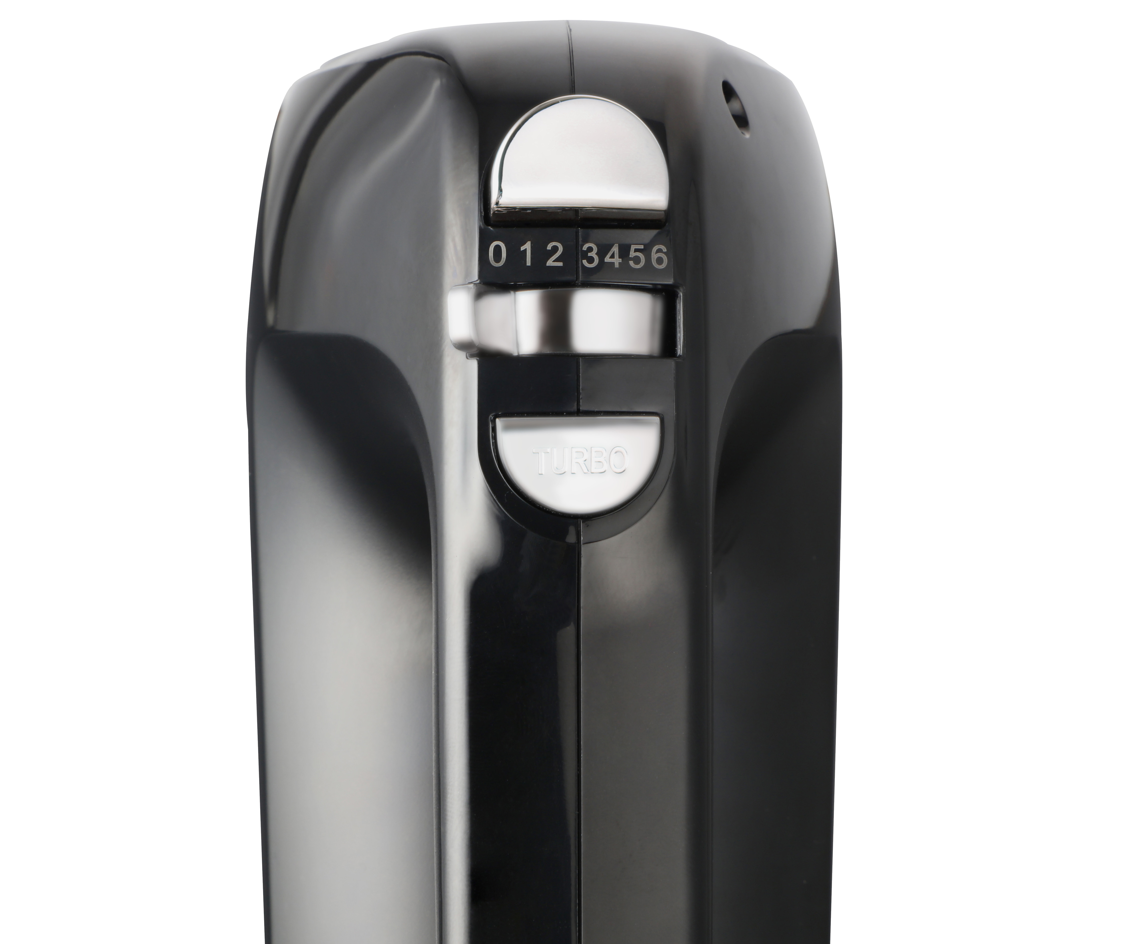 Black hand mixer with speed settings 0-6 and turbo. White background.