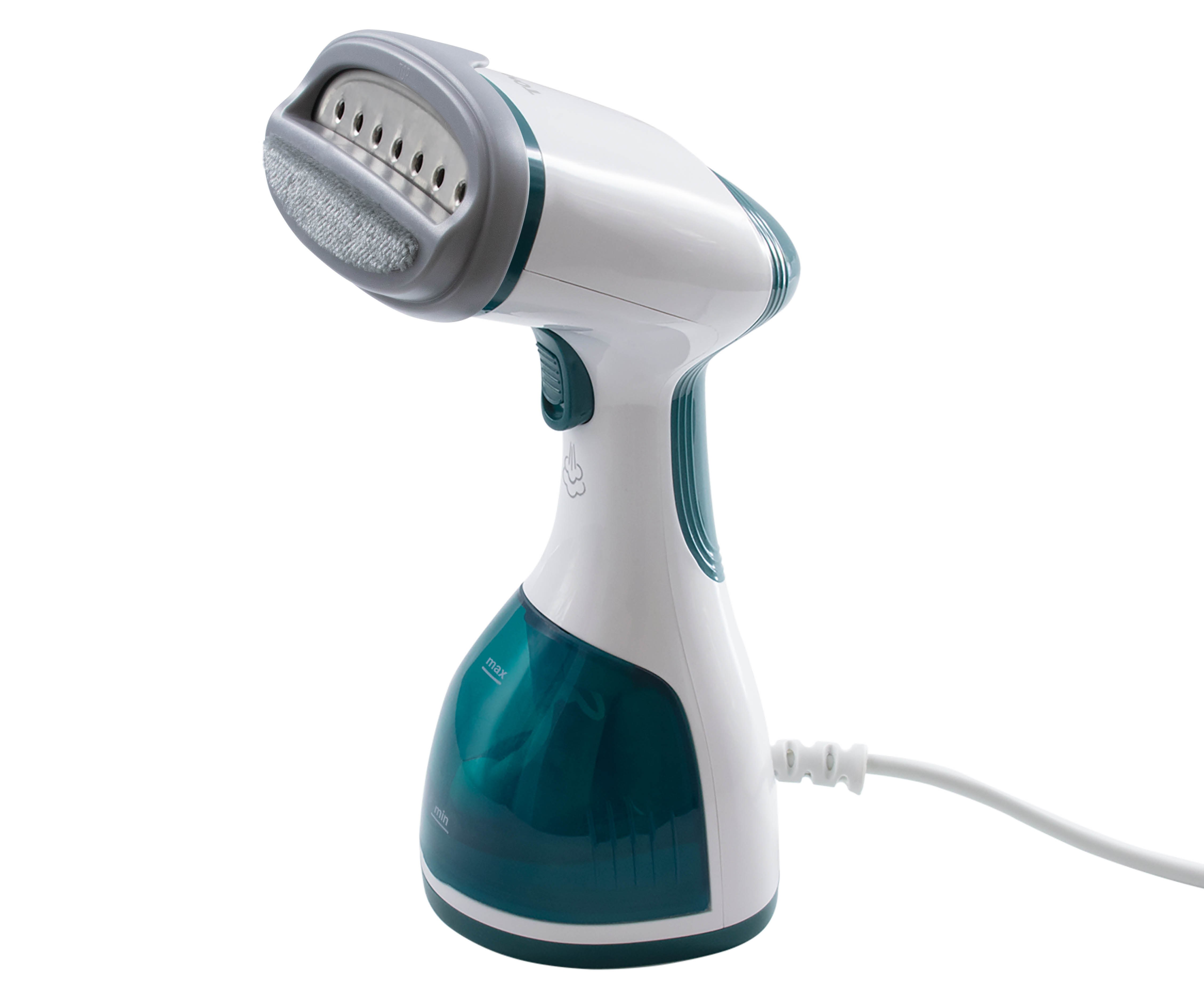 Weißer und teal-farbener Kleidungsdampfer. Hat einen Dampfkopf und einen Griff. Weißes Kabel.