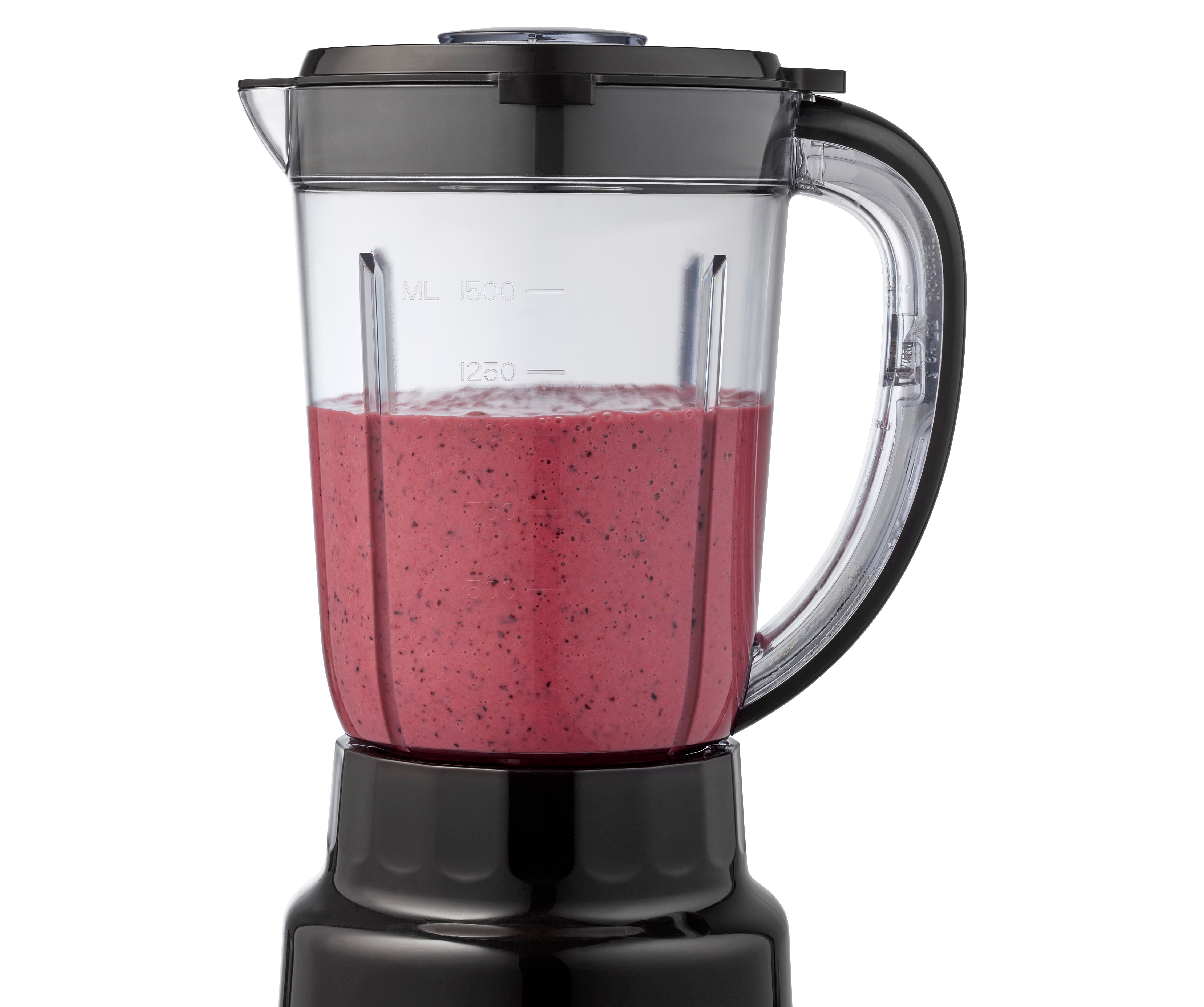 Blender filled with red smoothie. Clear plastic jar, black base.  ML measurements visible.