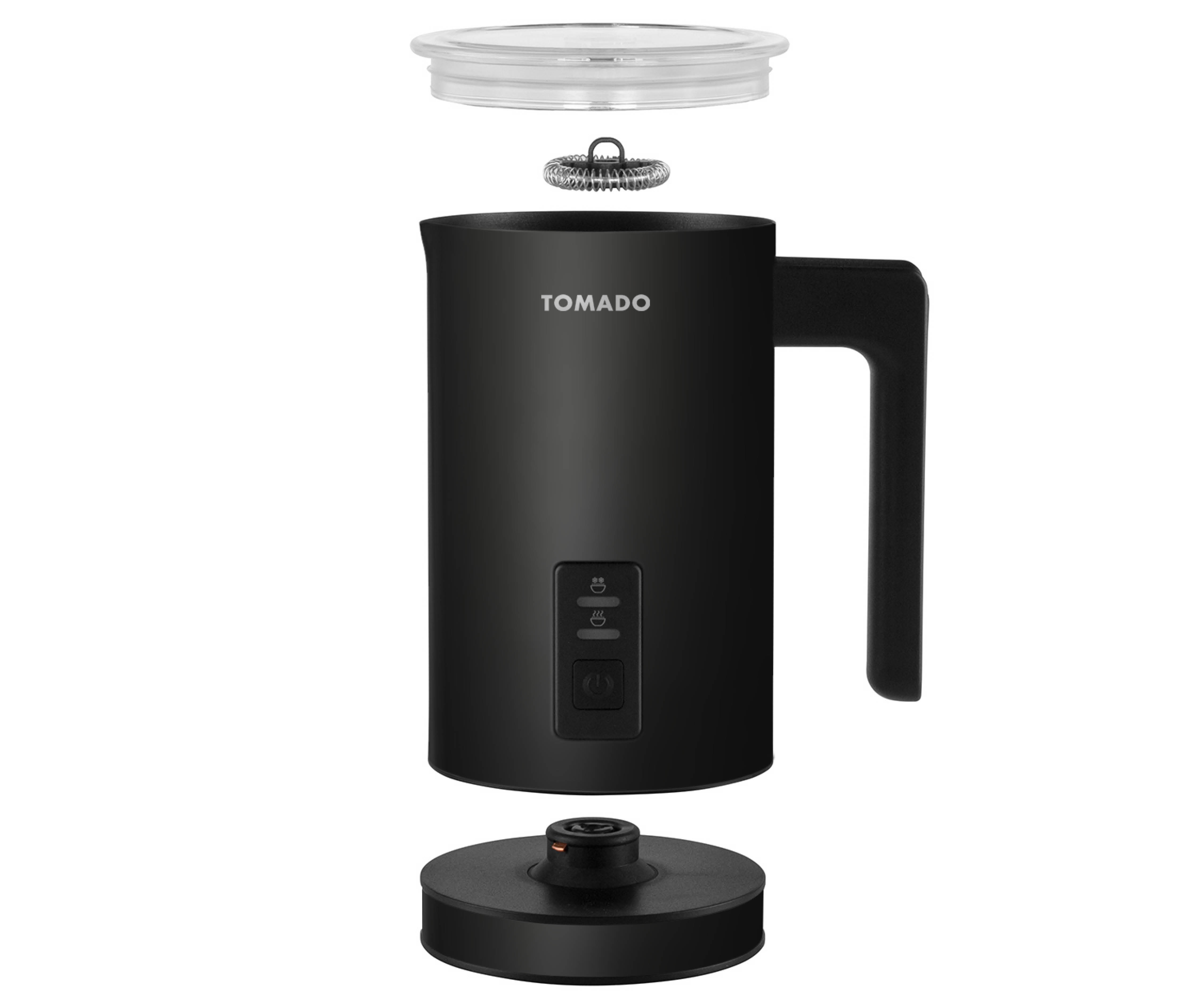 Black Tomado milk frother, disassembled. Shows base, body, lid, and frothing attachment.