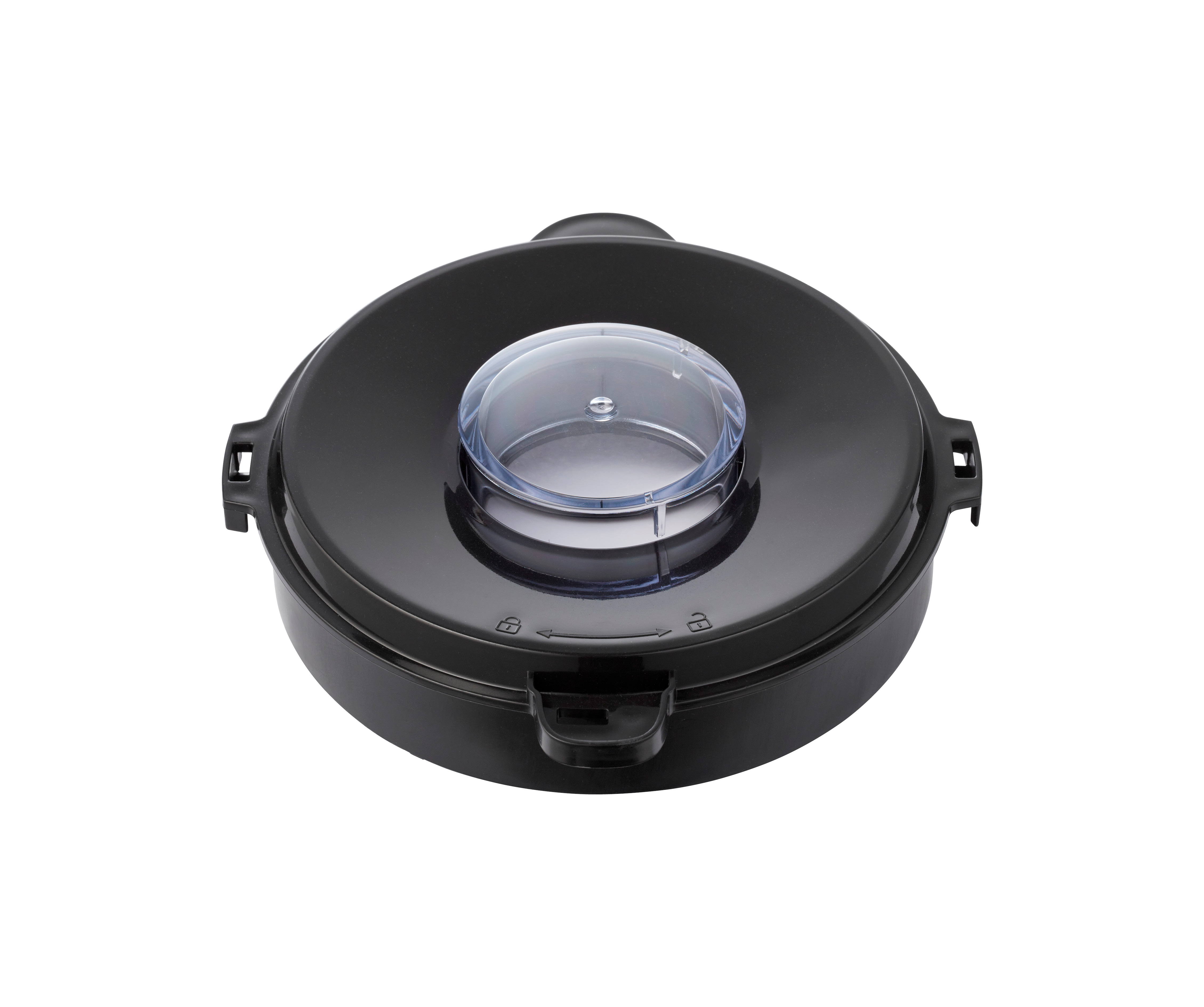 Black blender lid with a transparent center and two locking tabs. White background.