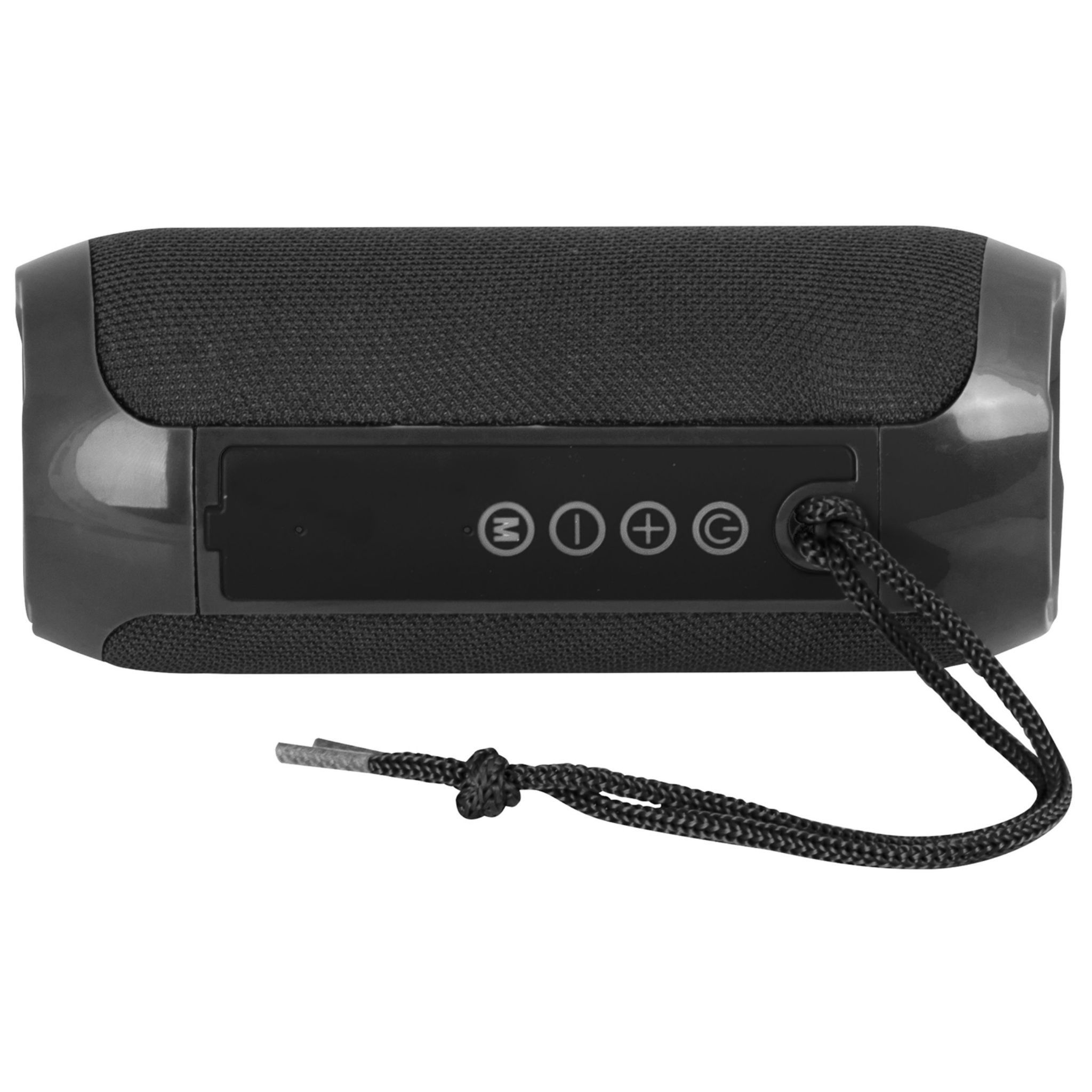 Altoparlante portatile nero con pulsanti di controllo e un cavo nero. L'altoparlante è rettangolare.