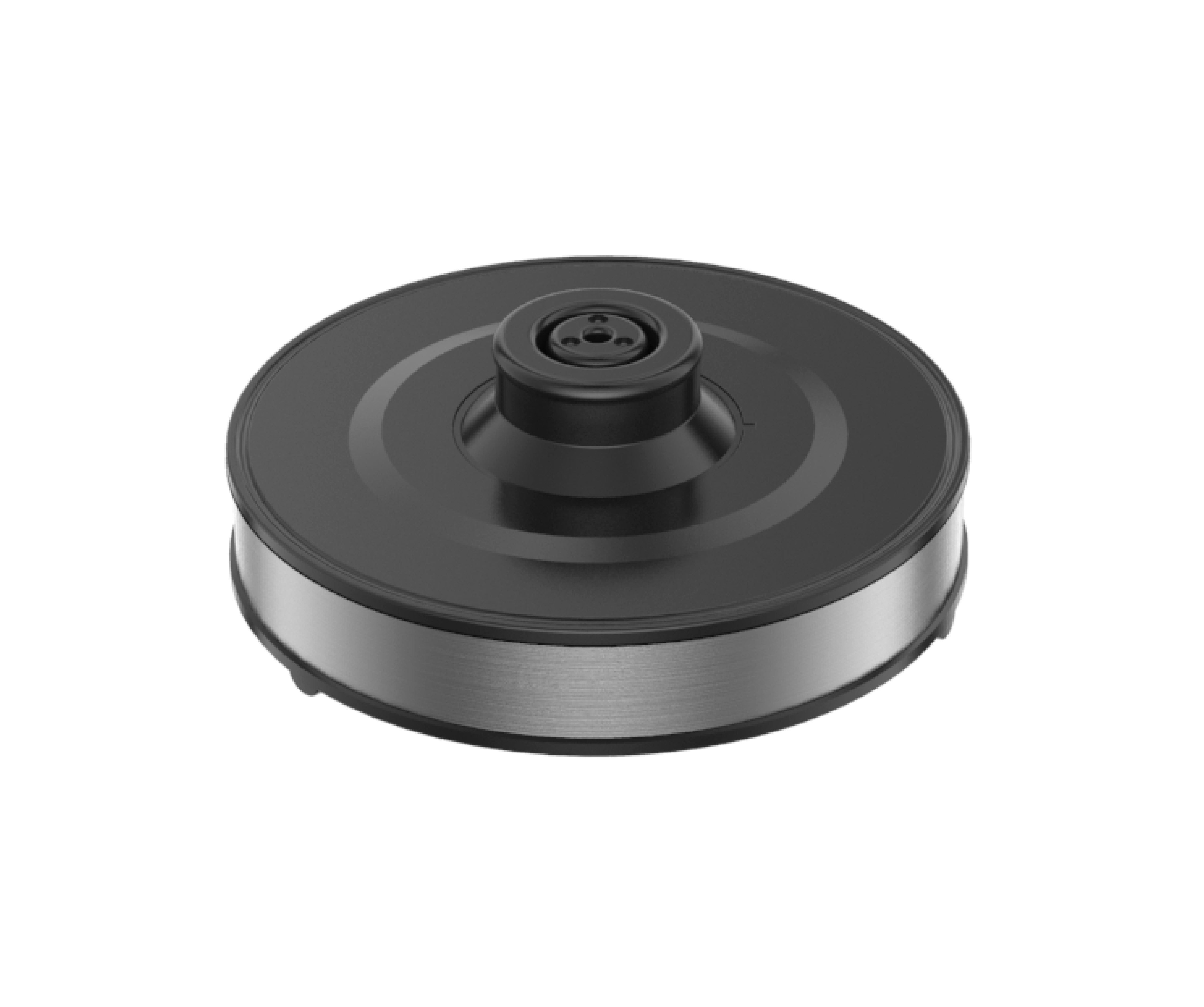 Zwarte basis van een waterkoker. Het heeft een zilveren rand en een centrale connector.