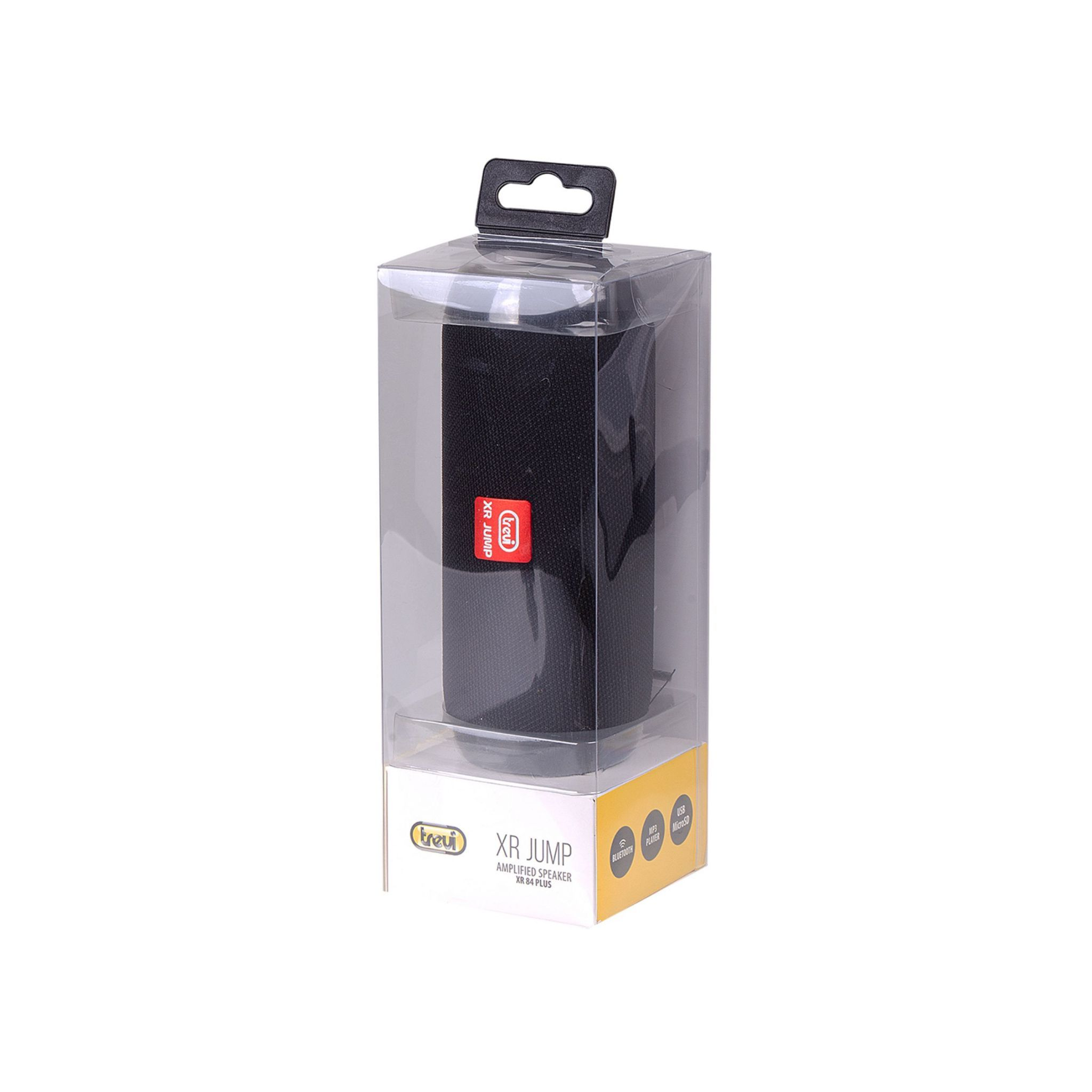 Altoparlante nero in una scatola di plastica trasparente. Testo: Trevi XR JUMP, altoparlante amplificato.