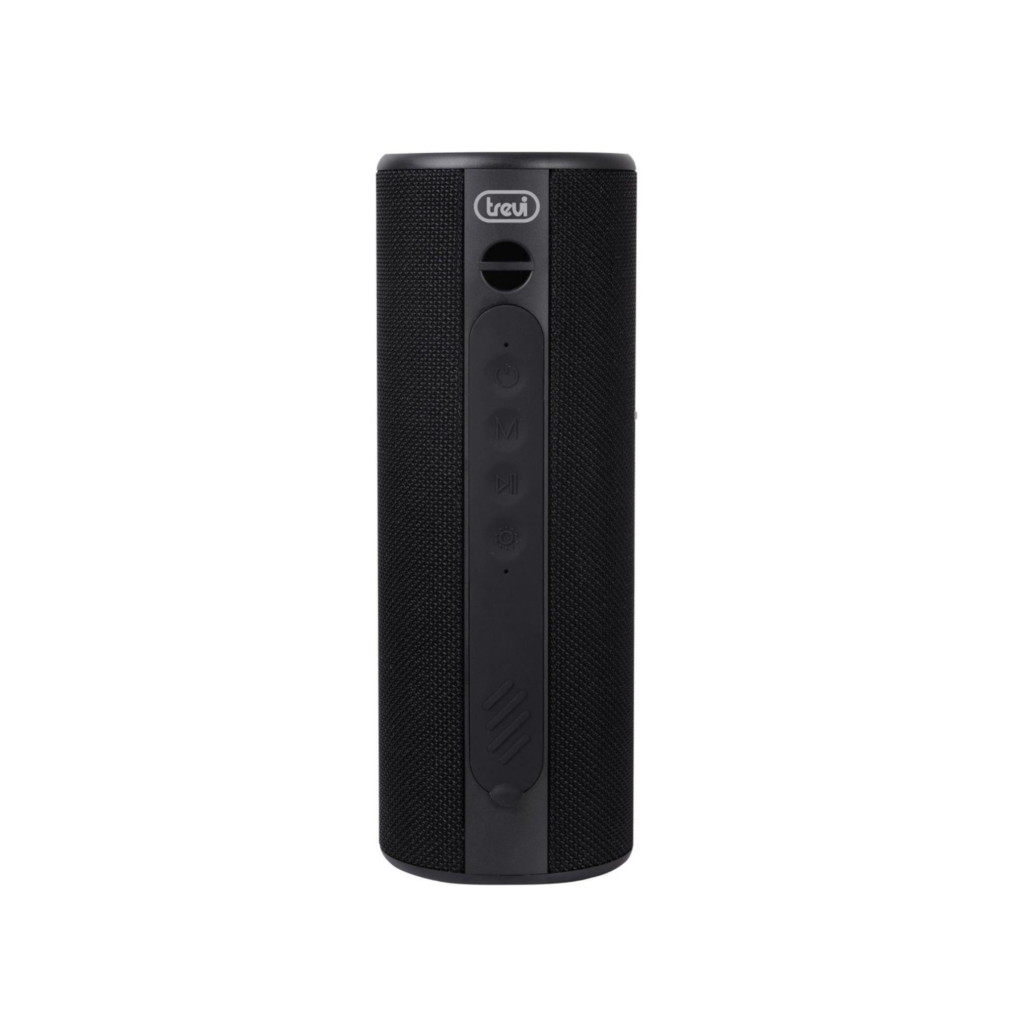 Altoparlante Bluetooth cilindrico nero con pulsanti di controllo. Con logo Trevi.