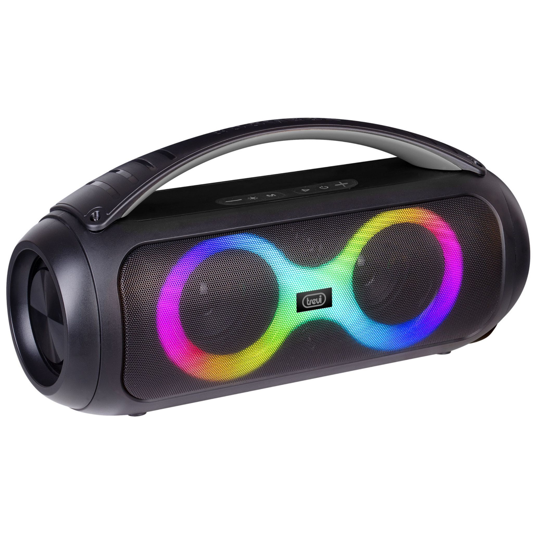 Altavoz negro con luces coloridas. Tiene un asa, botones y rejillas de altavoz.