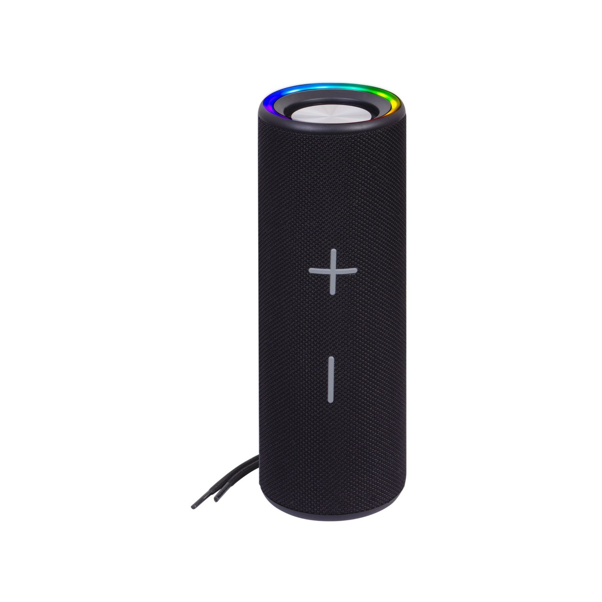 Altoparlante cilindrico nero con luci che cambiano colore. Ha pulsanti più e meno.