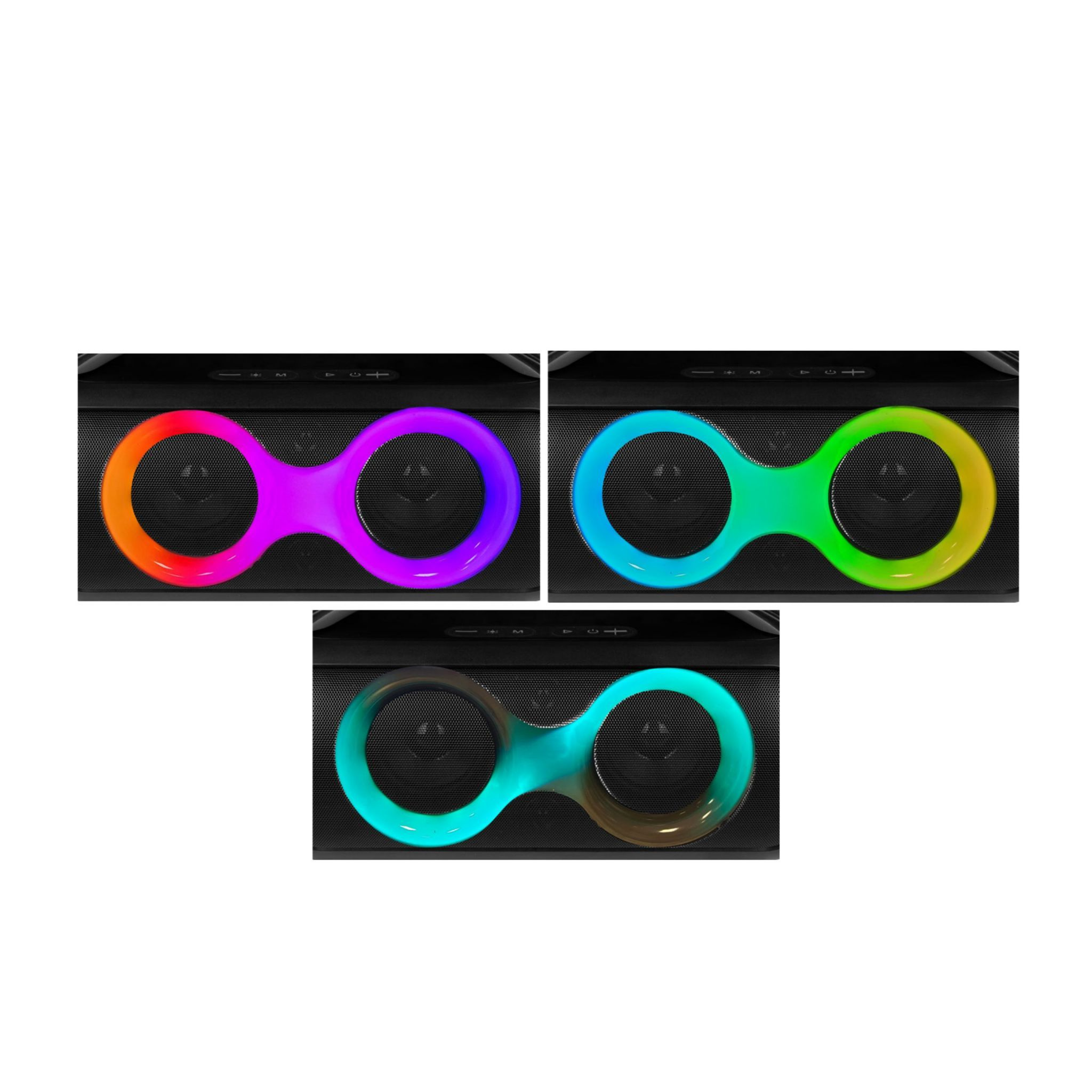 Tres altavoces negros con luces de colores en forma de infinito en la parte delantera.