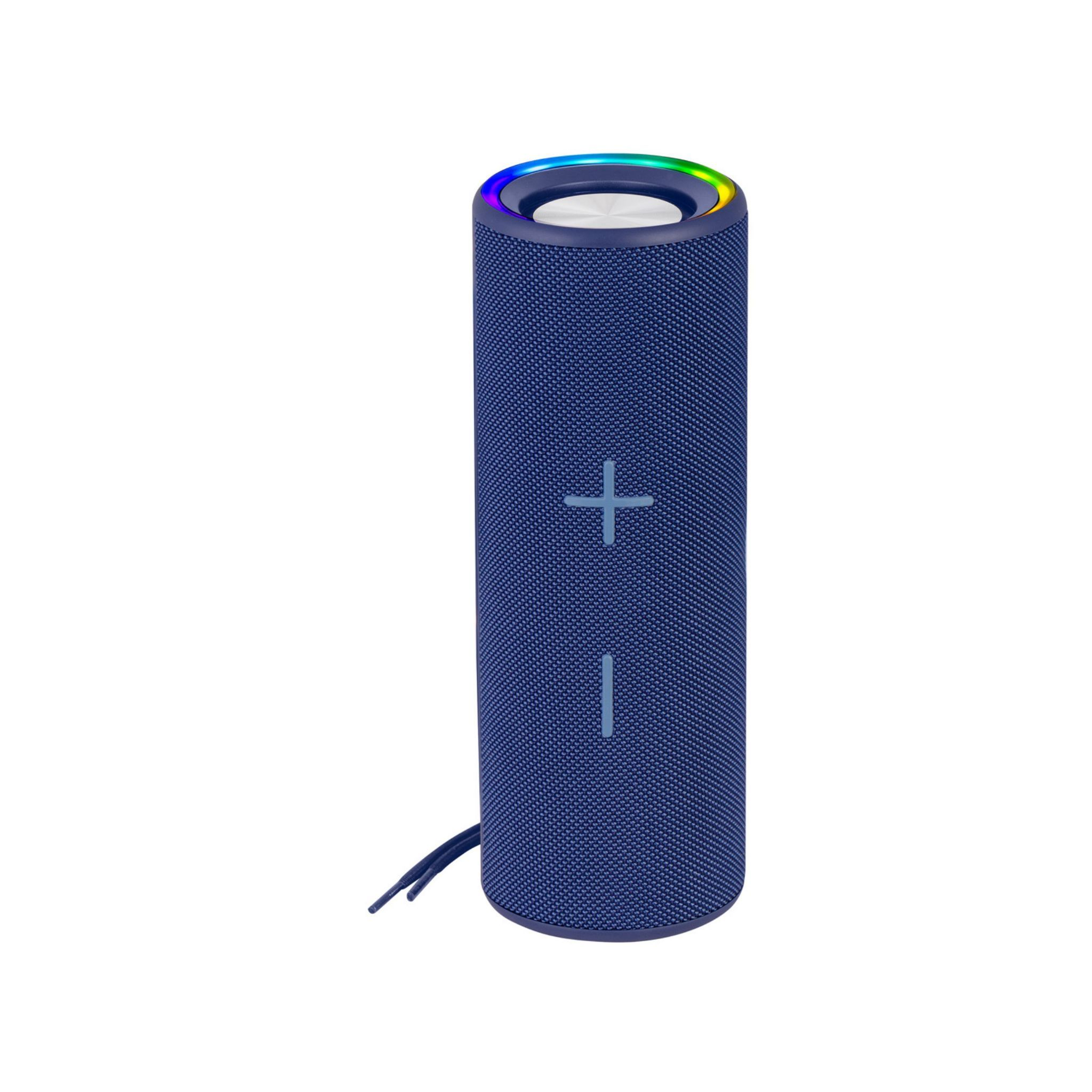 Un altoparlante blu con un design in tessuto. C'è una croce e delle linee sulla parte anteriore. Ha una luce arcobaleno.