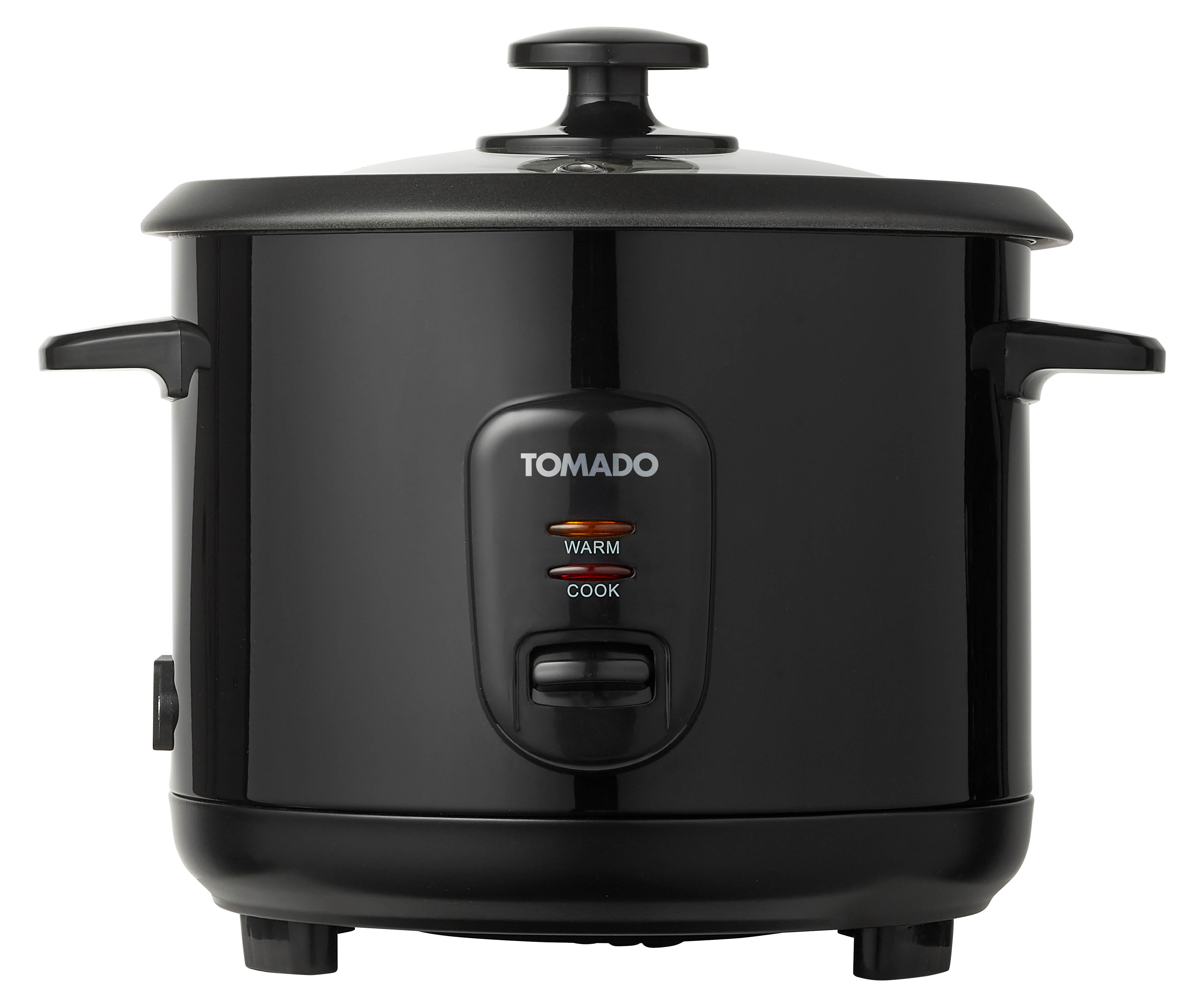 Black Tomado rice cooker. Shows warm and cook options. White background.