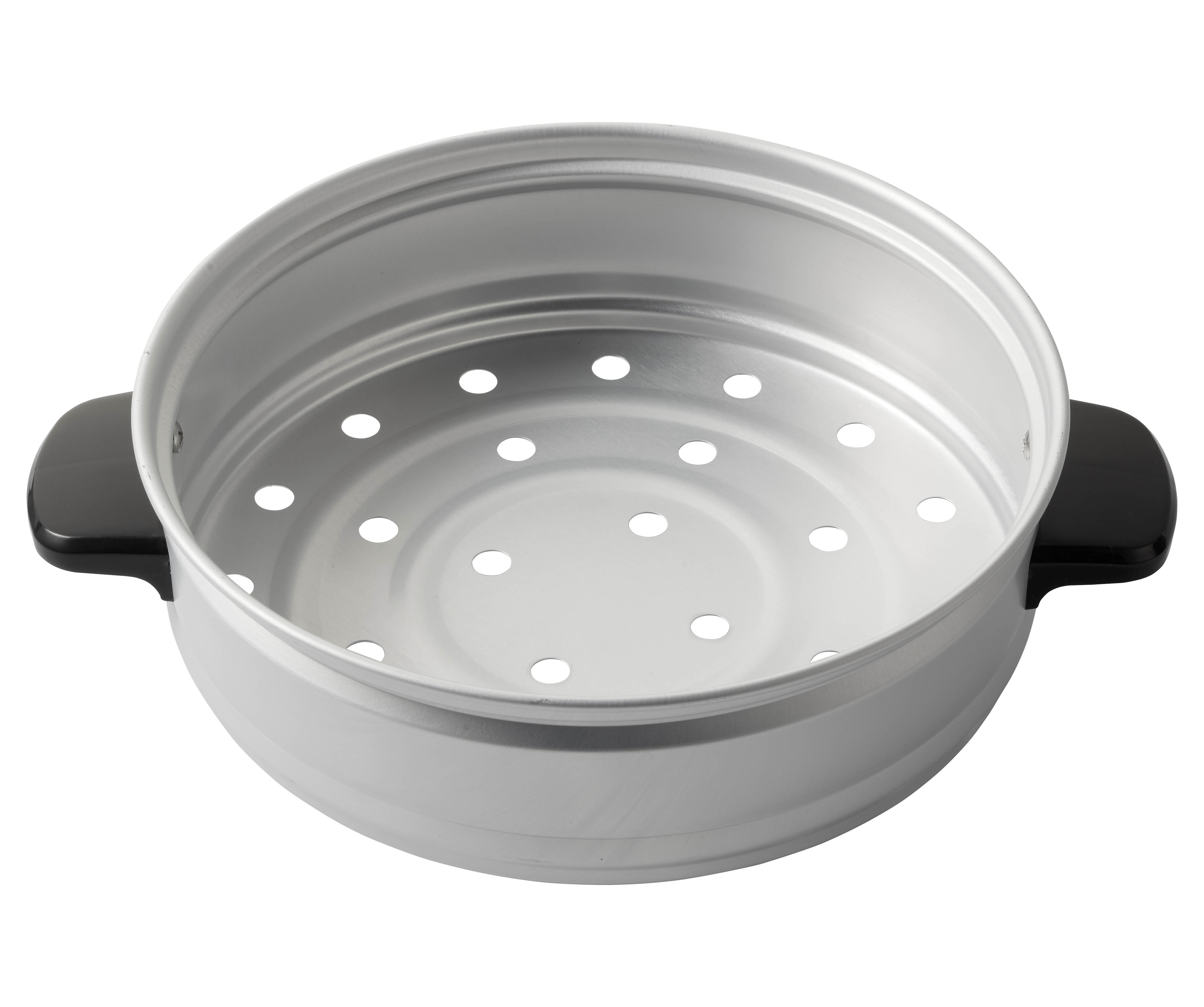 Dampfkorb mit zwei Griffen. Silbermetall mit mehreren Löchern im Boden. Schwarze Griffe.