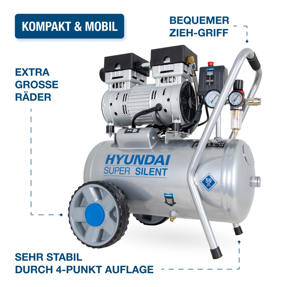 Silberner und blauer Hyundai-Luftkompressor mit Rädern. Text: Kompakt & Mobil und Extra Grosse Räder.
