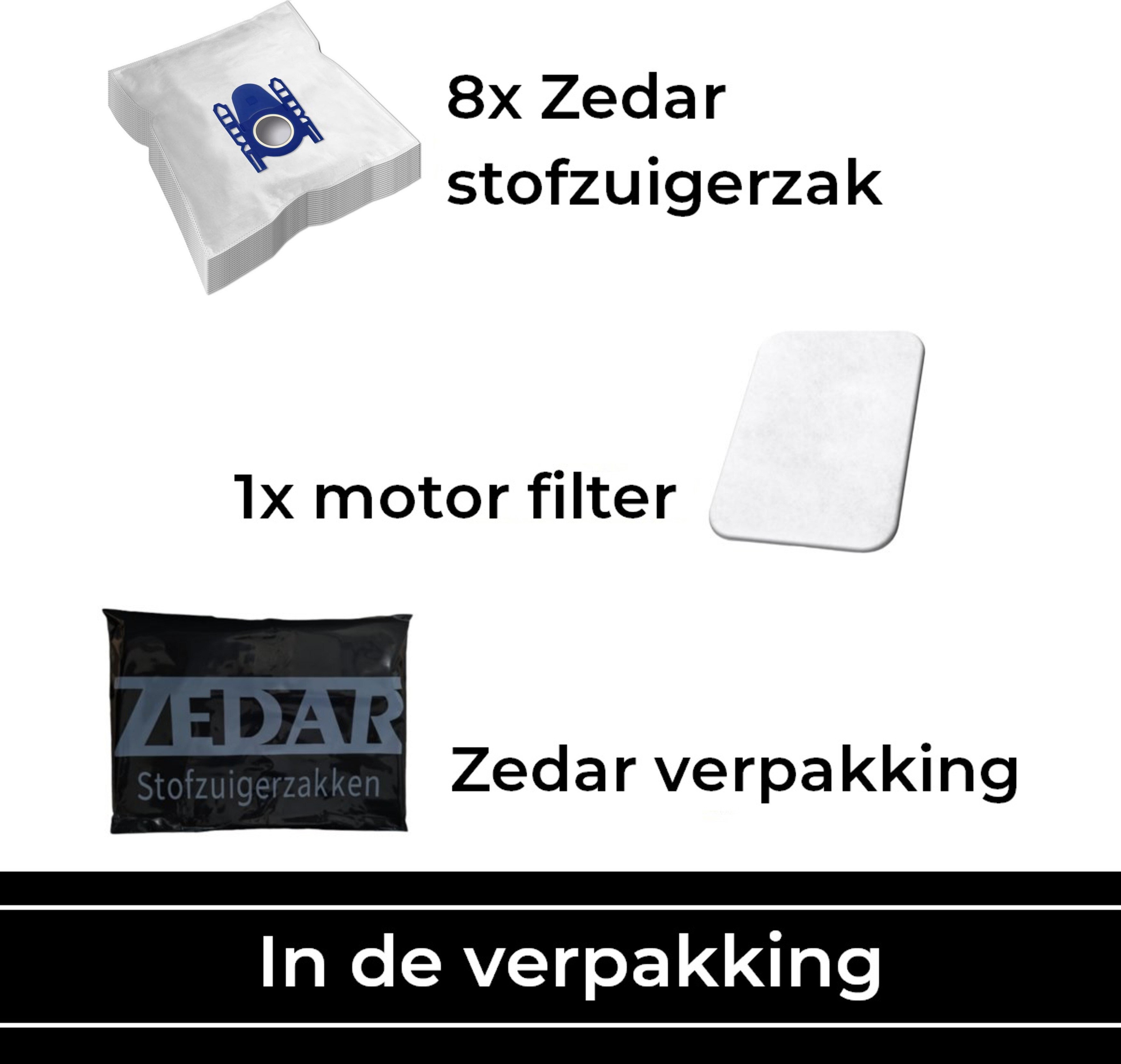 Staubsaugerzubehör: Staubsaugerbeutel, ein Motorfilter und Verpackung.