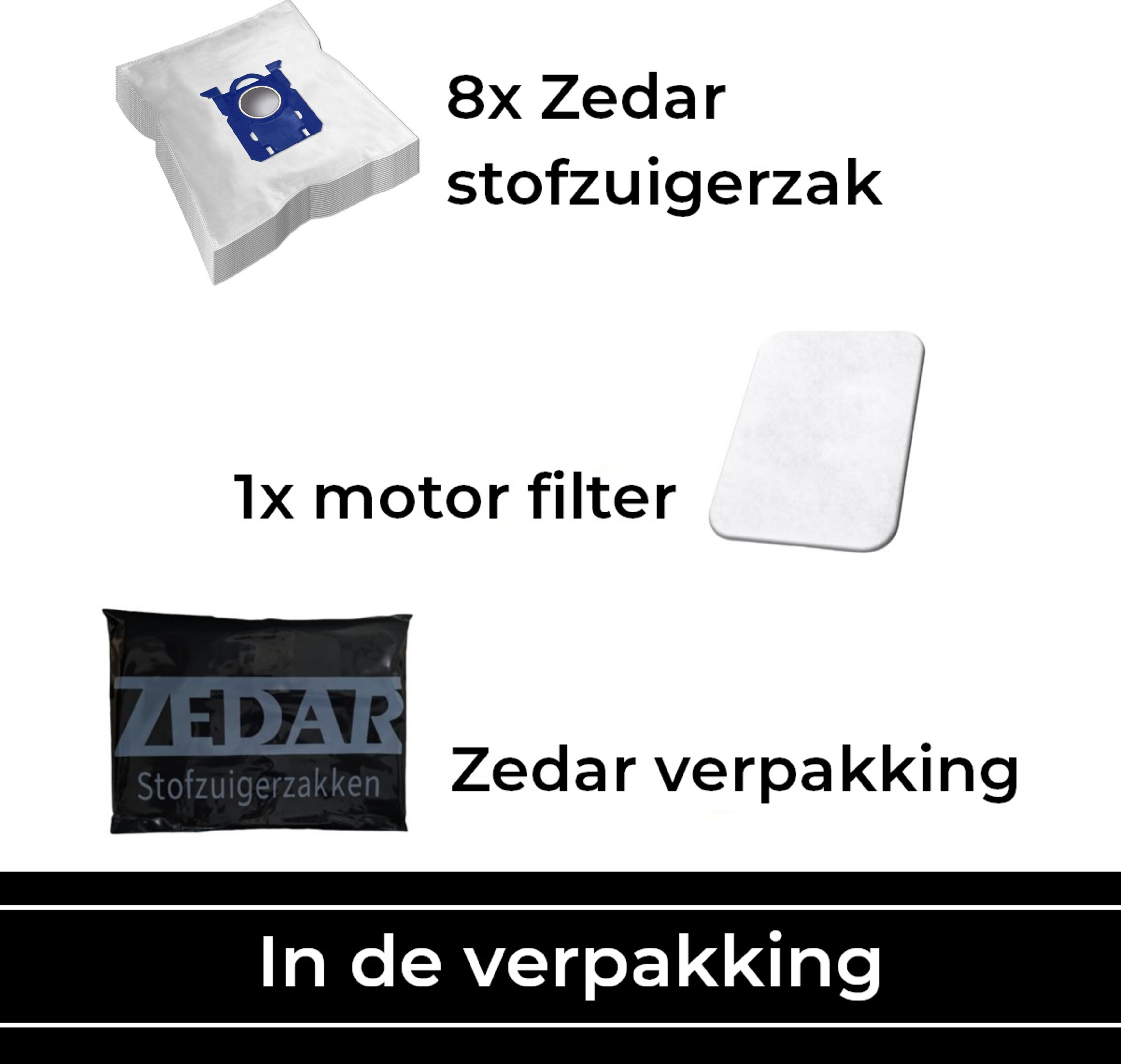 Staubsaugerbeutel, Motorfilter und eine Zedar-Verpackung auf weißem Hintergrund.