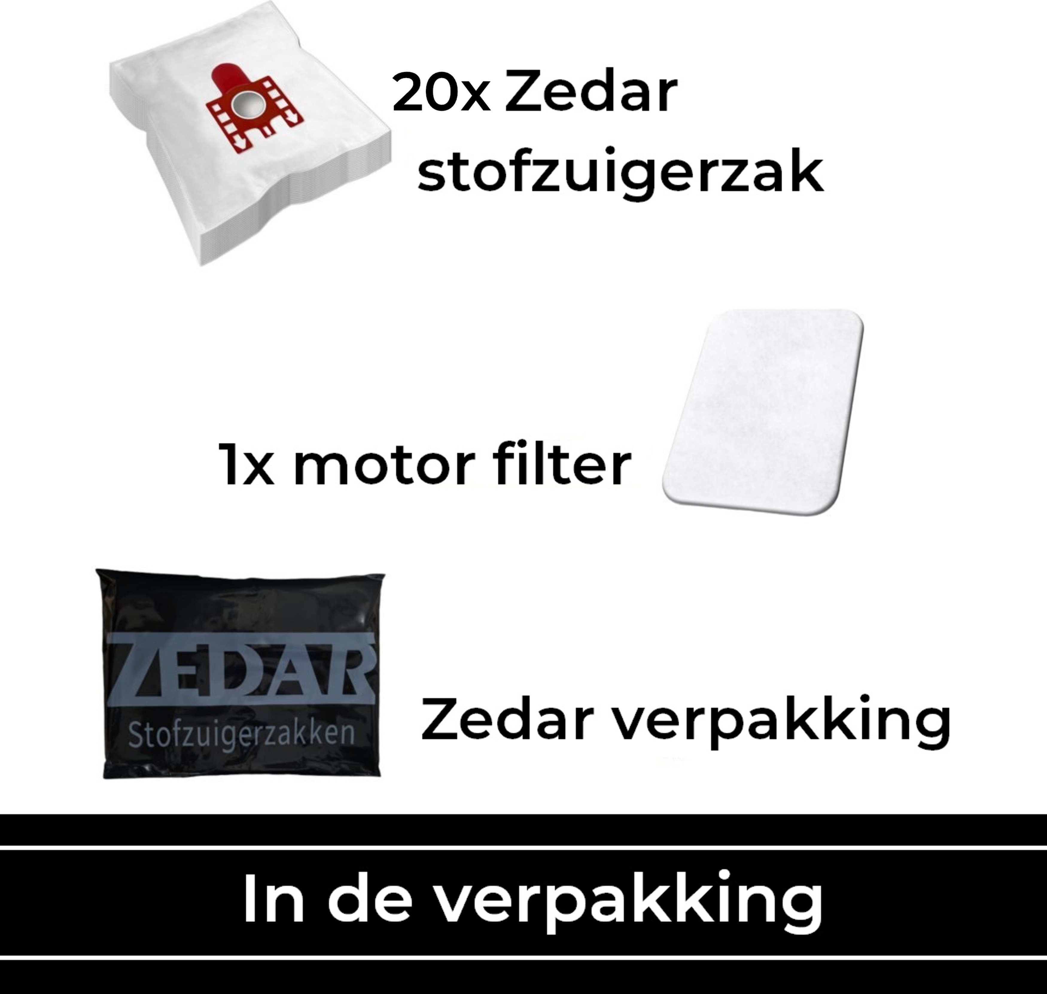 Stofzuigerzakken, motorfilter en verpakking met tekst op een witte achtergrond.