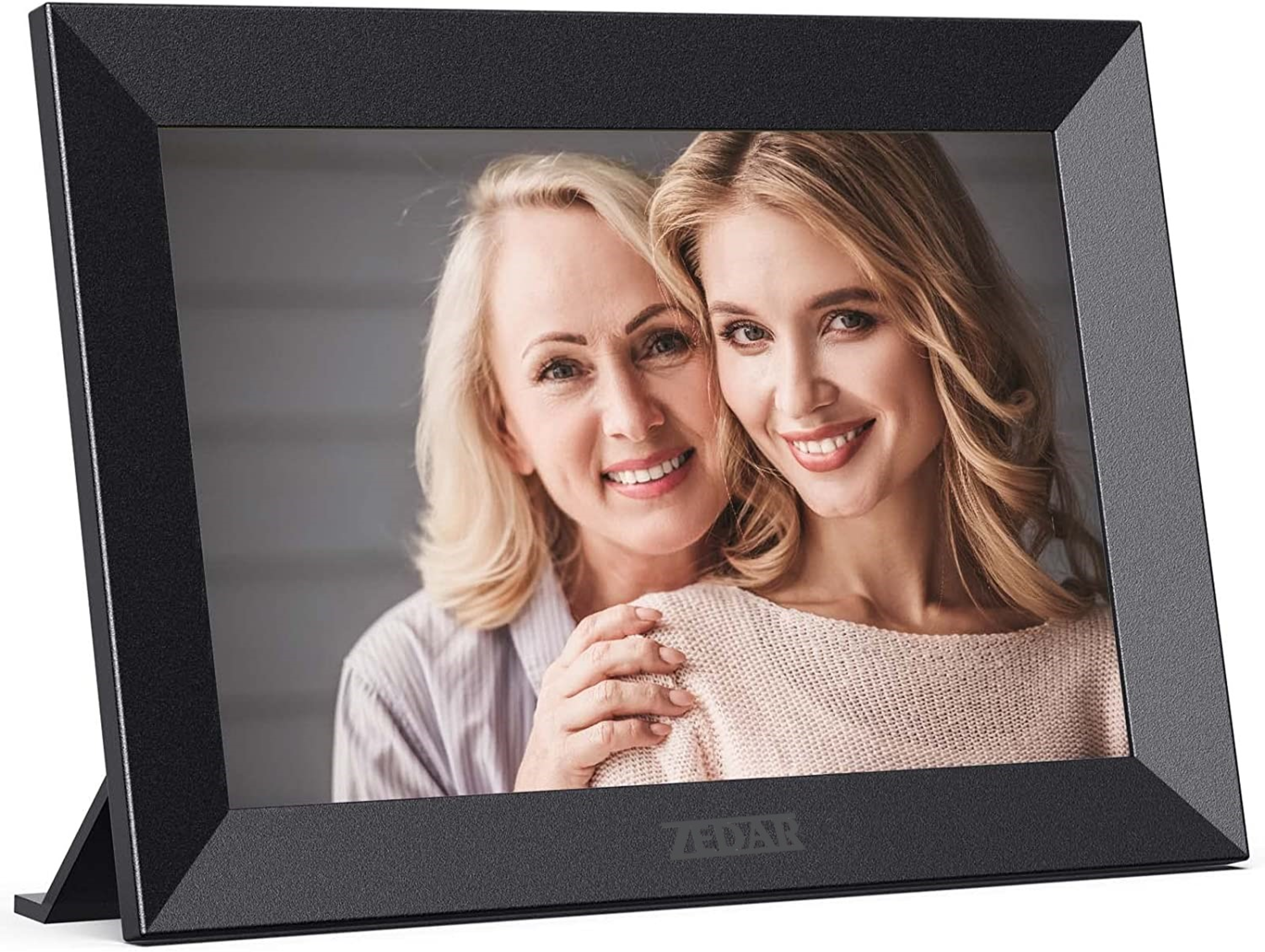 Black photo frame displaying a picture of two smiling women. Black frame.