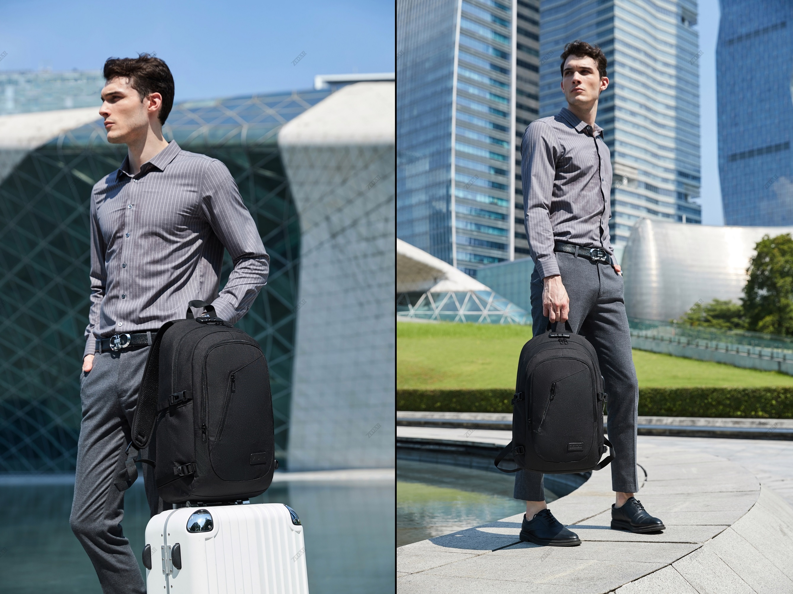 Two men with backpacks pose. One with luggage, one holding bag. City background.