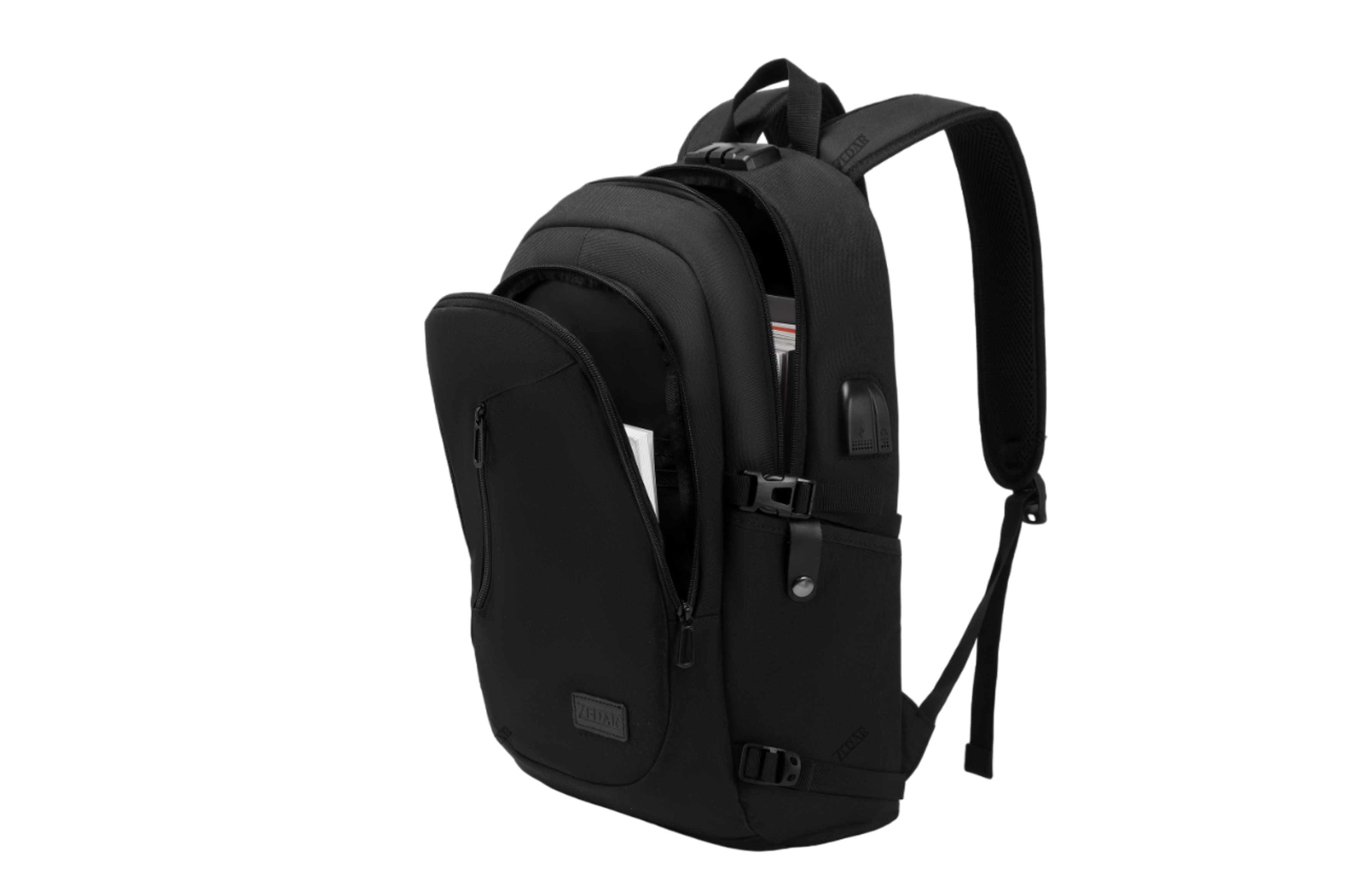 Black backpack with open front pocket. White background.