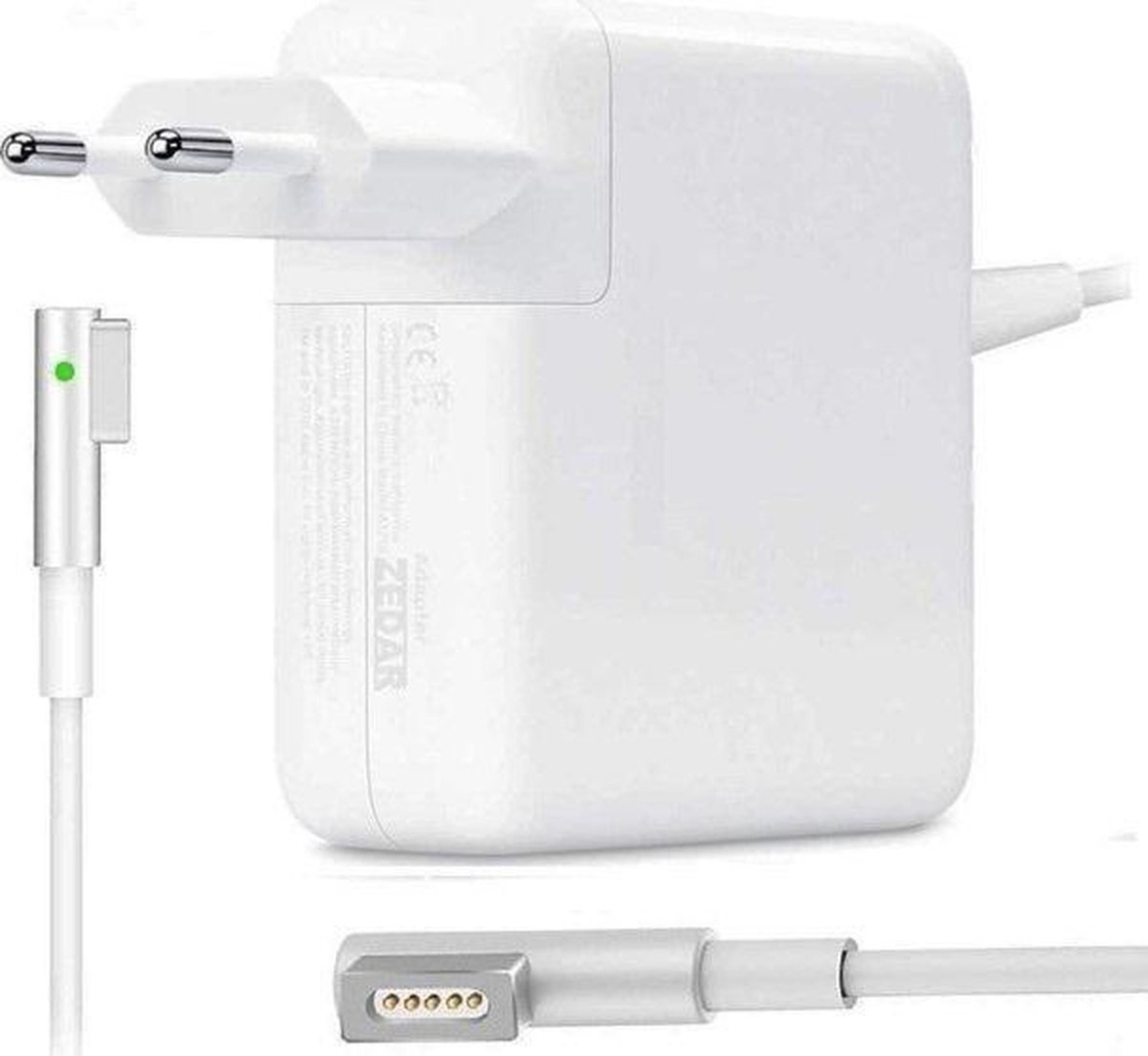 Chargeur blanc avec prise et câble de charge séparé avec extrémité magnétique.