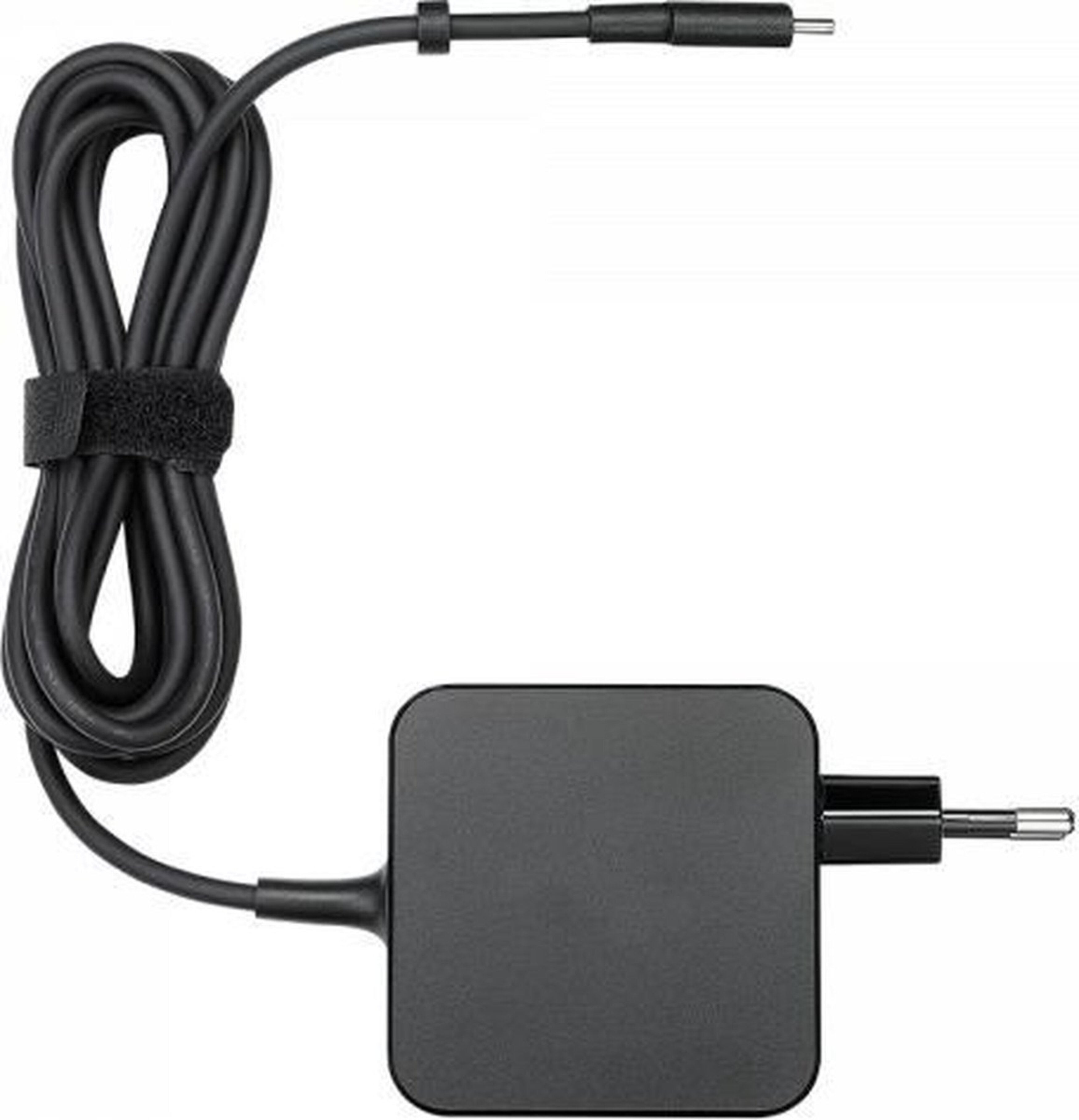 Schwarzes Netzteil mit Kabel. Das Kabel ist geschlungen und mit Klettband gesichert.