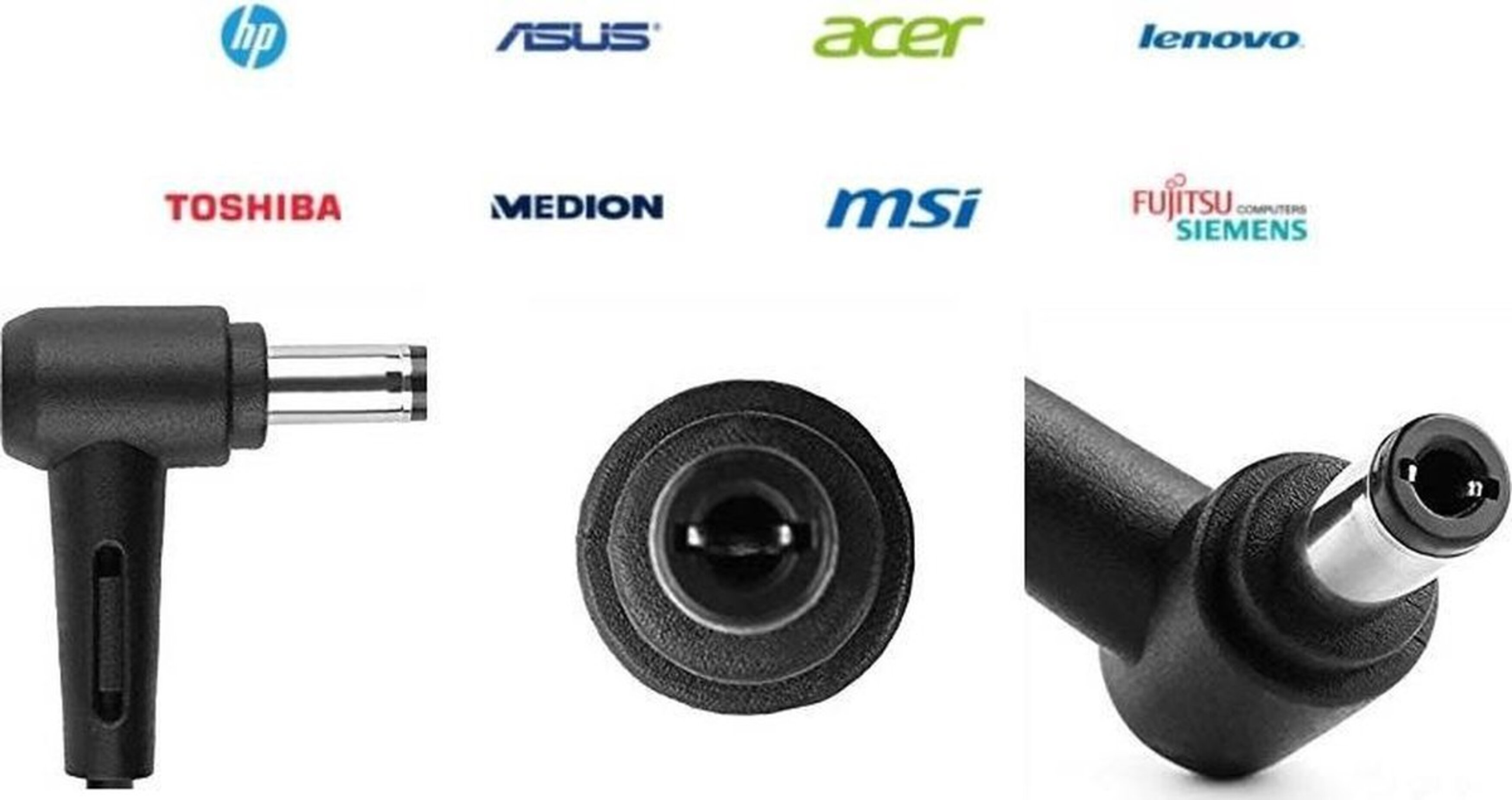 Close-up shots of a laptop power adapter and logos of laptop brands.