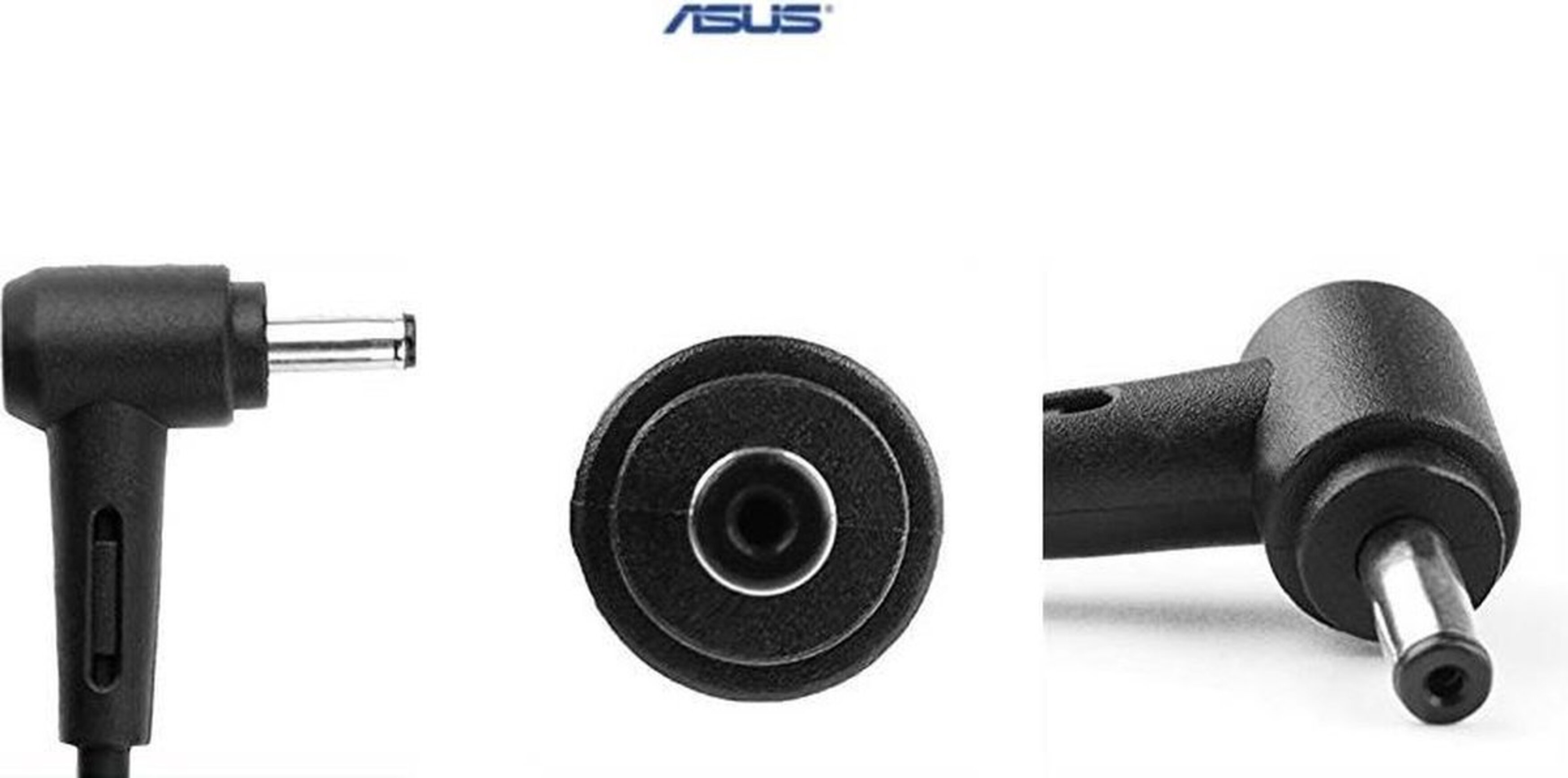 Close-up shots of black ASUS power adapter connectors.