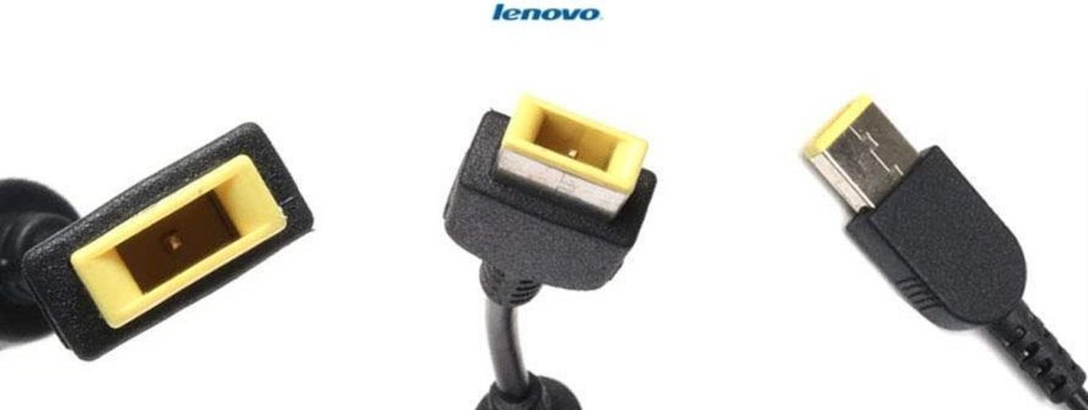 Close-up of Lenovo power cable connectors: yellow interiors and black casings.