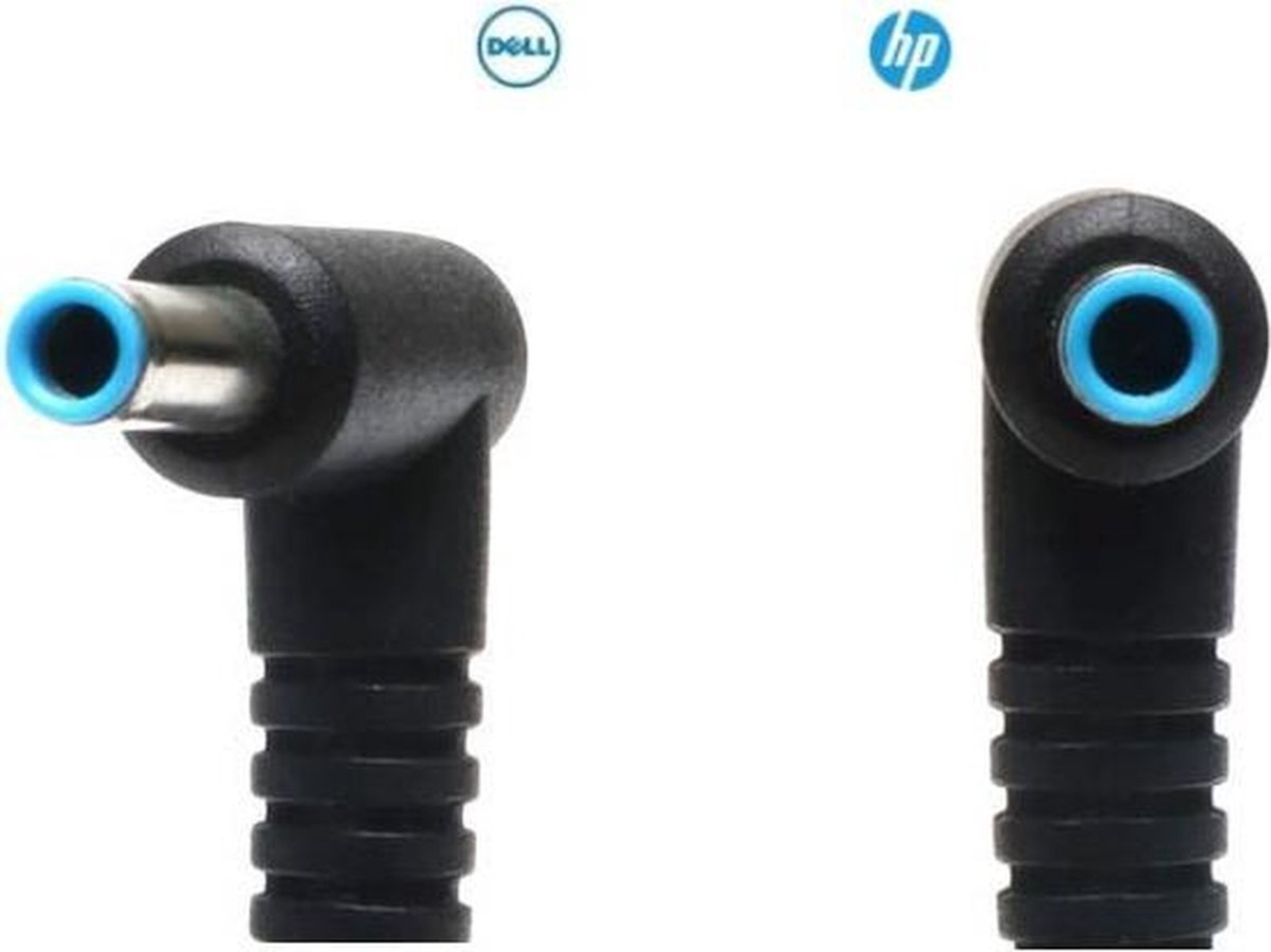 Two black power adapter connectors with blue circles. White background.