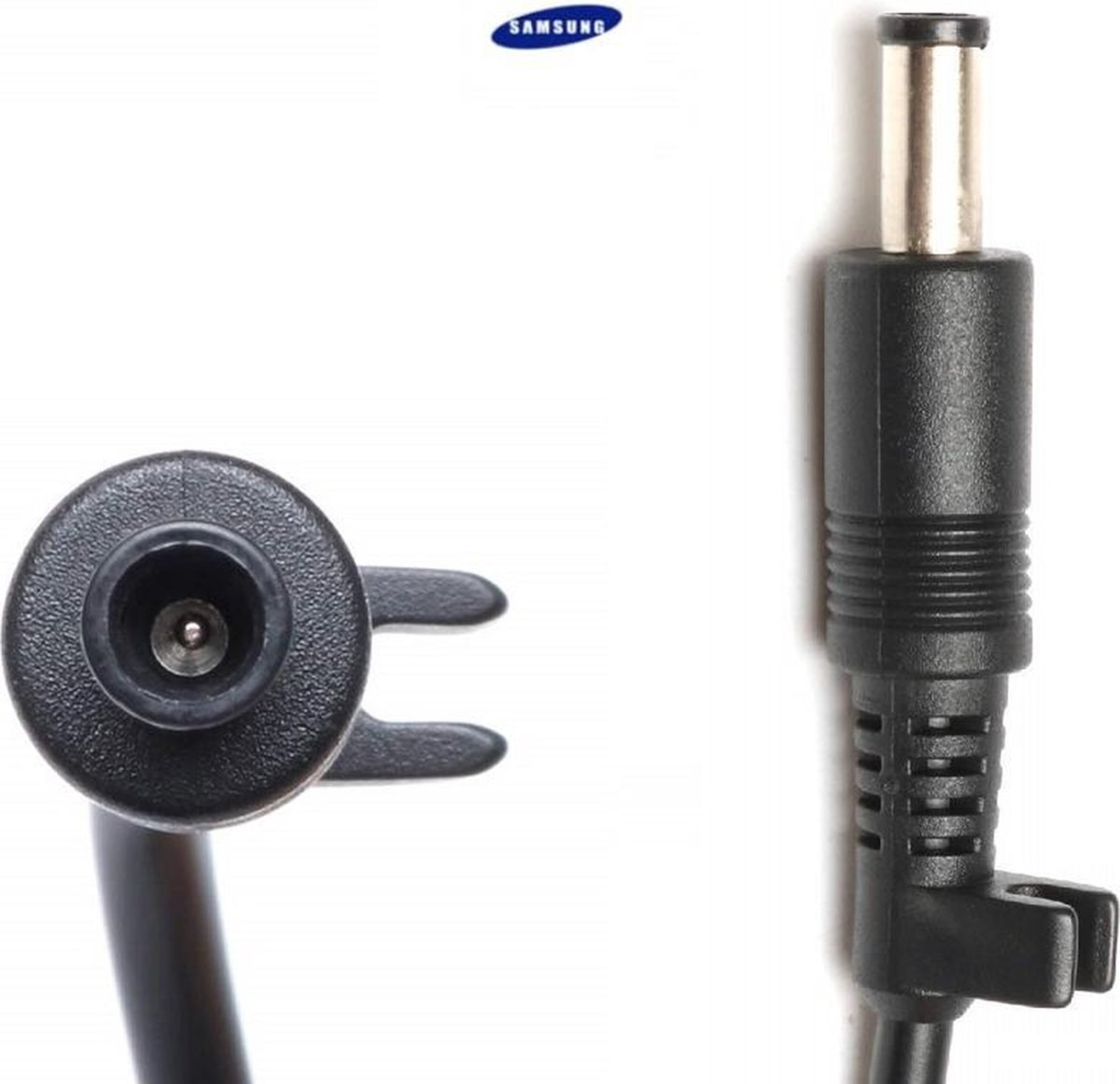 A black Samsung power adapter with two parts visible: connector and an adapter's tip.