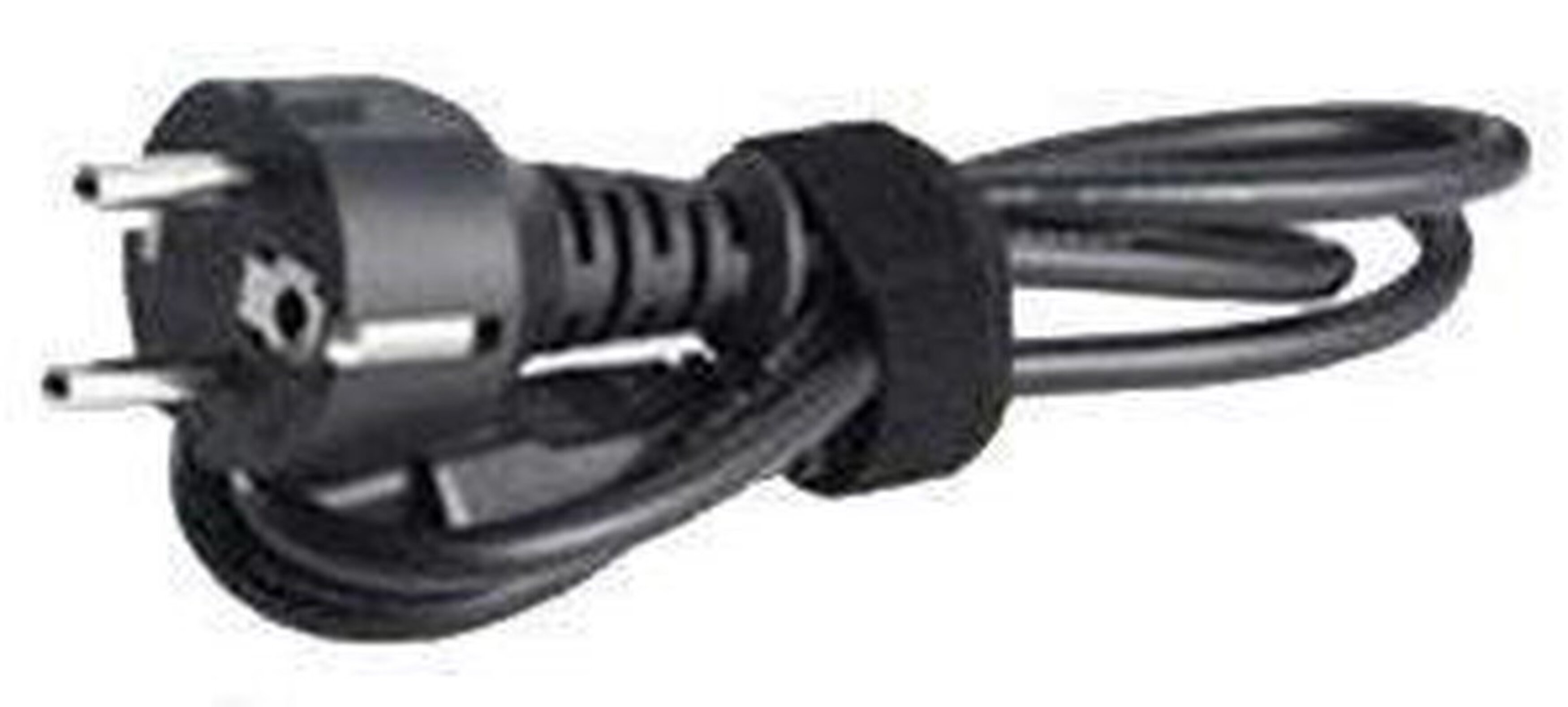 Black power plug with two pins and a black cable, secured with a velcro strap. White background.
