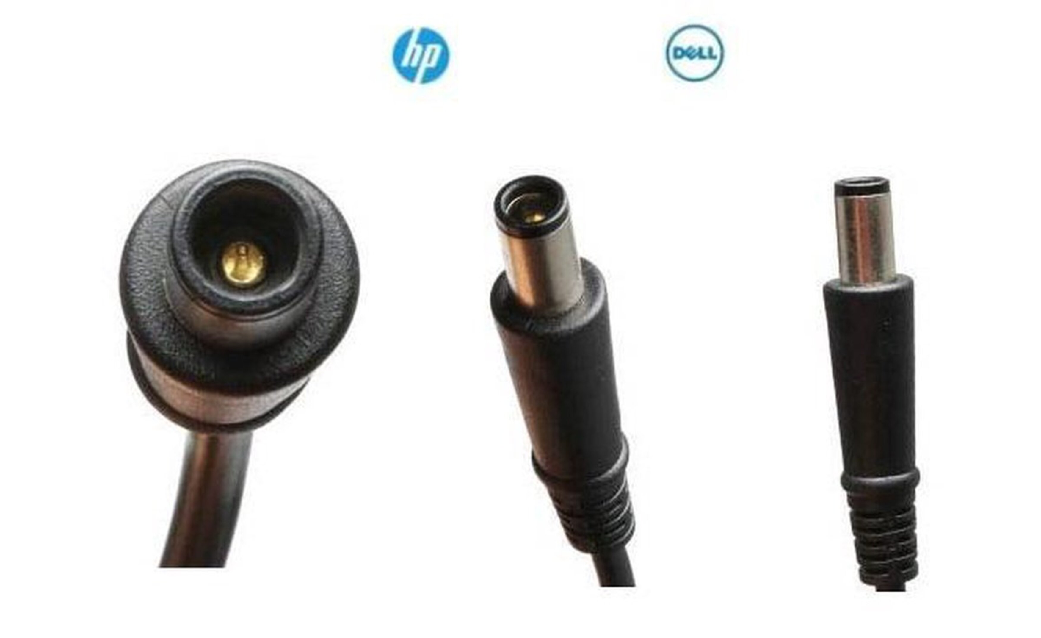 Three black laptop charger connectors. HP and Dell logos are visible.