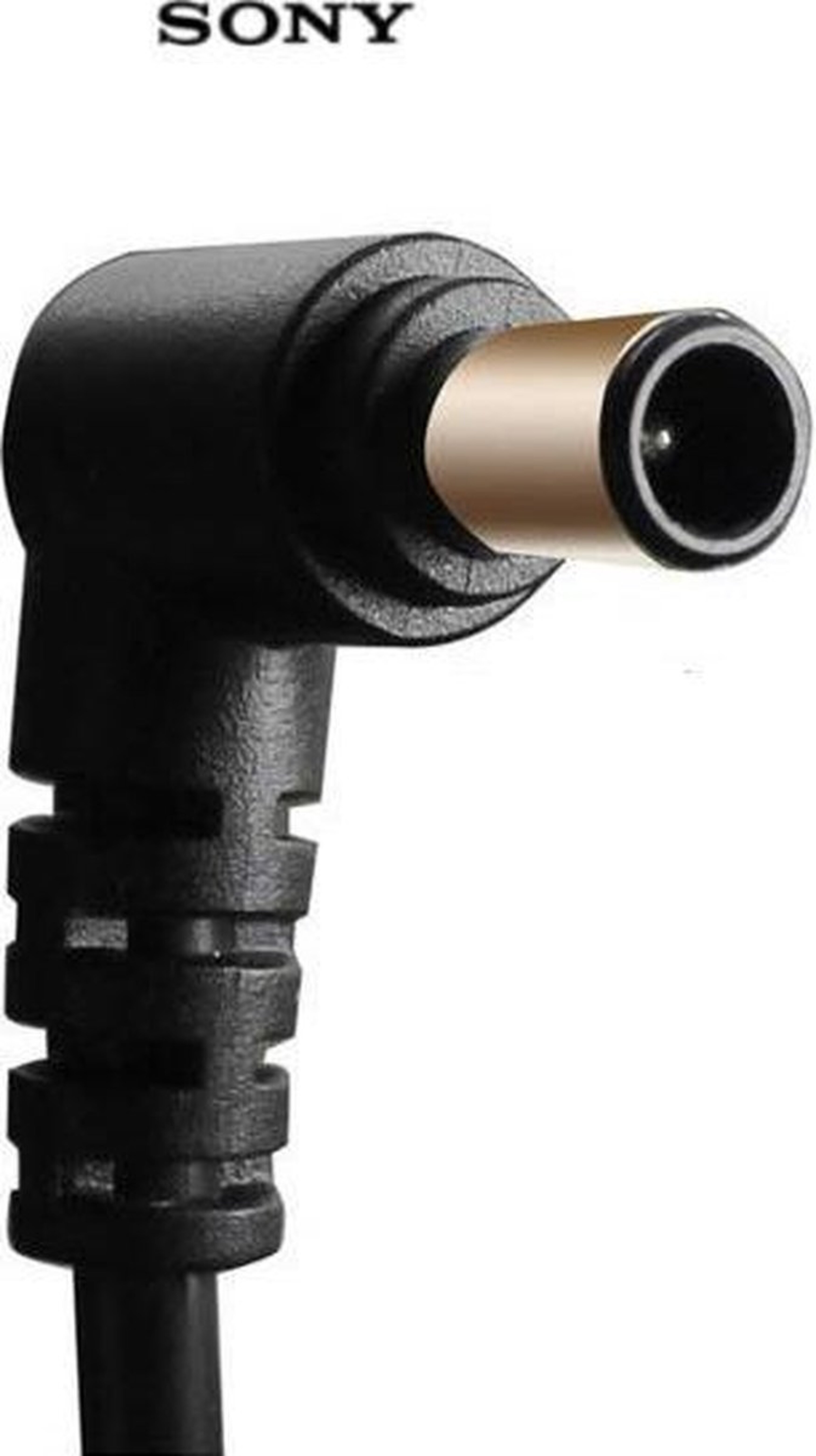 A black power adapter connector with 'SONY' branding, angled with a gold tip.