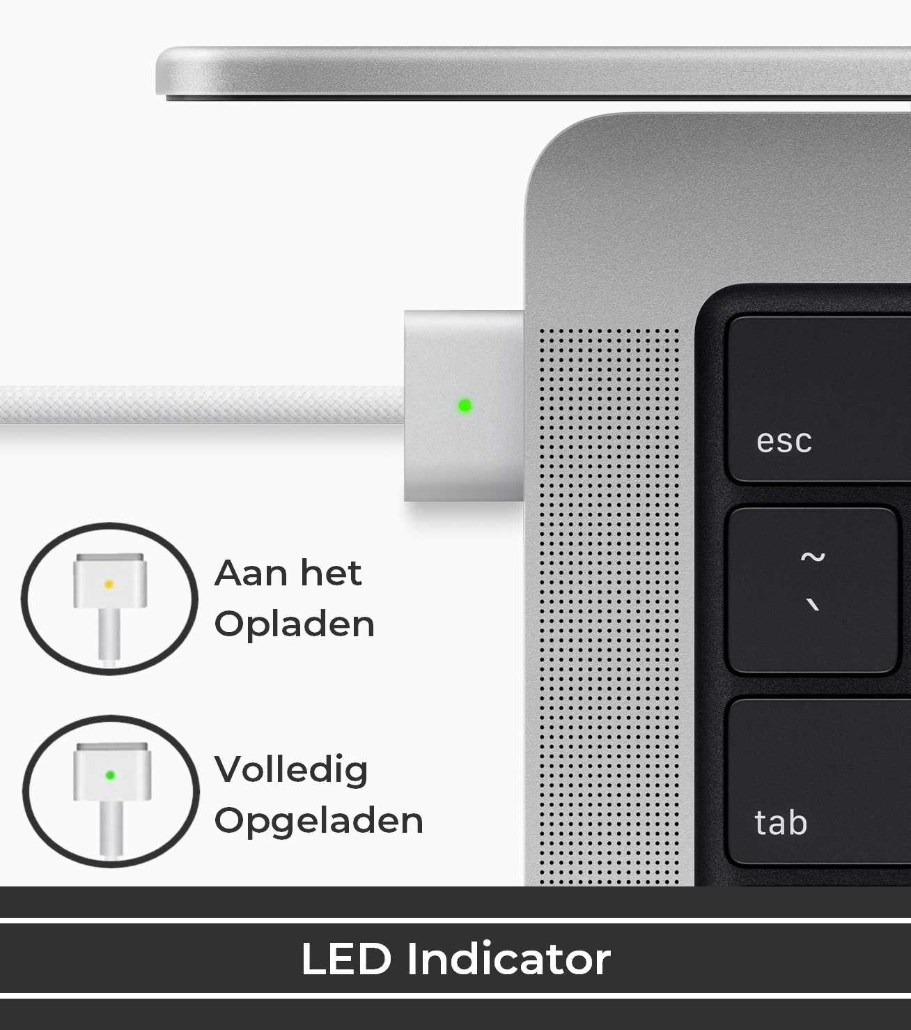 Laptop with a charging cable attached. The charging indicator is lit green, showing fully charged status.