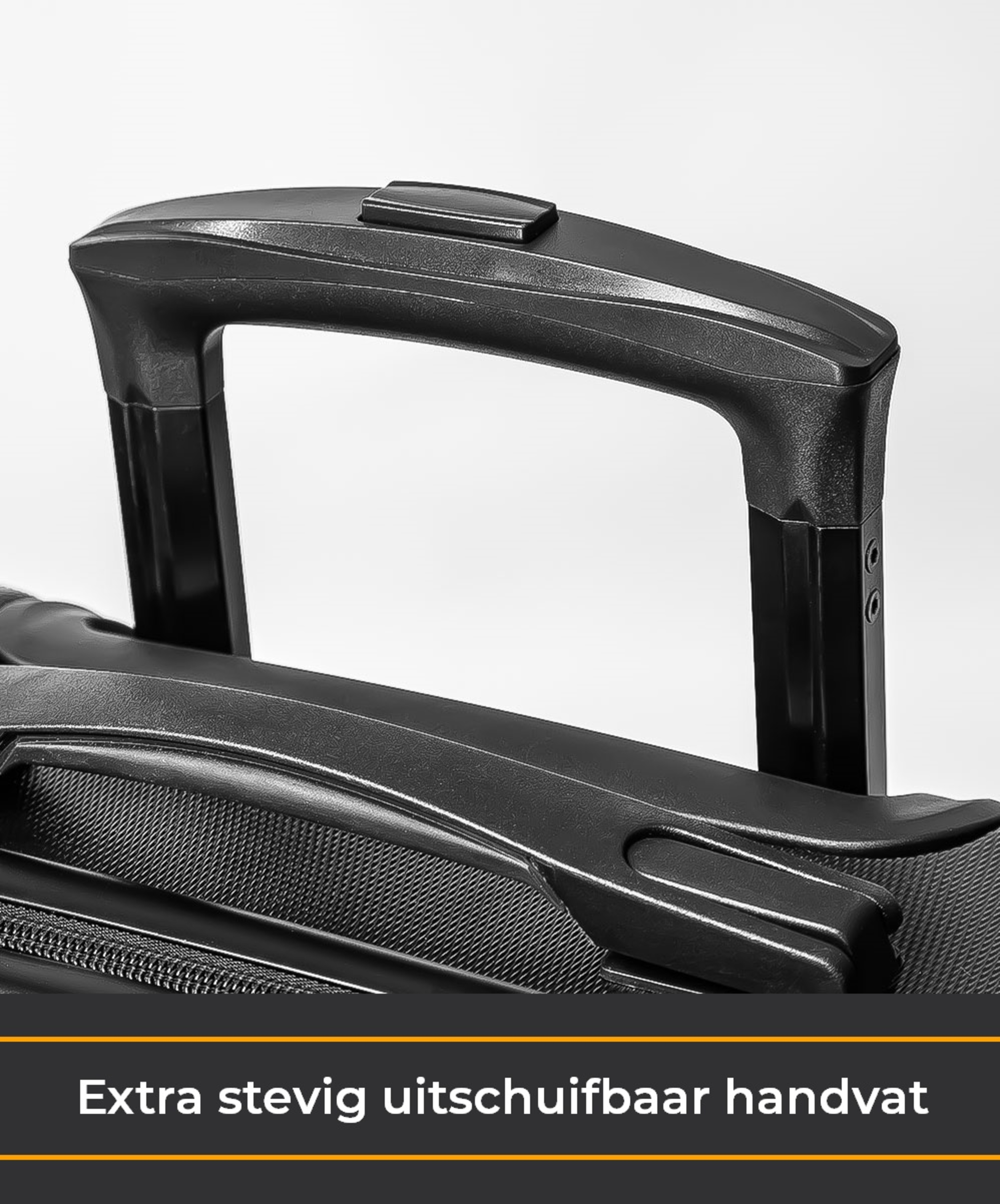Zwarte kofferhandgreep, gemaakt van plastic, in een close-up op een lichte achtergrond.