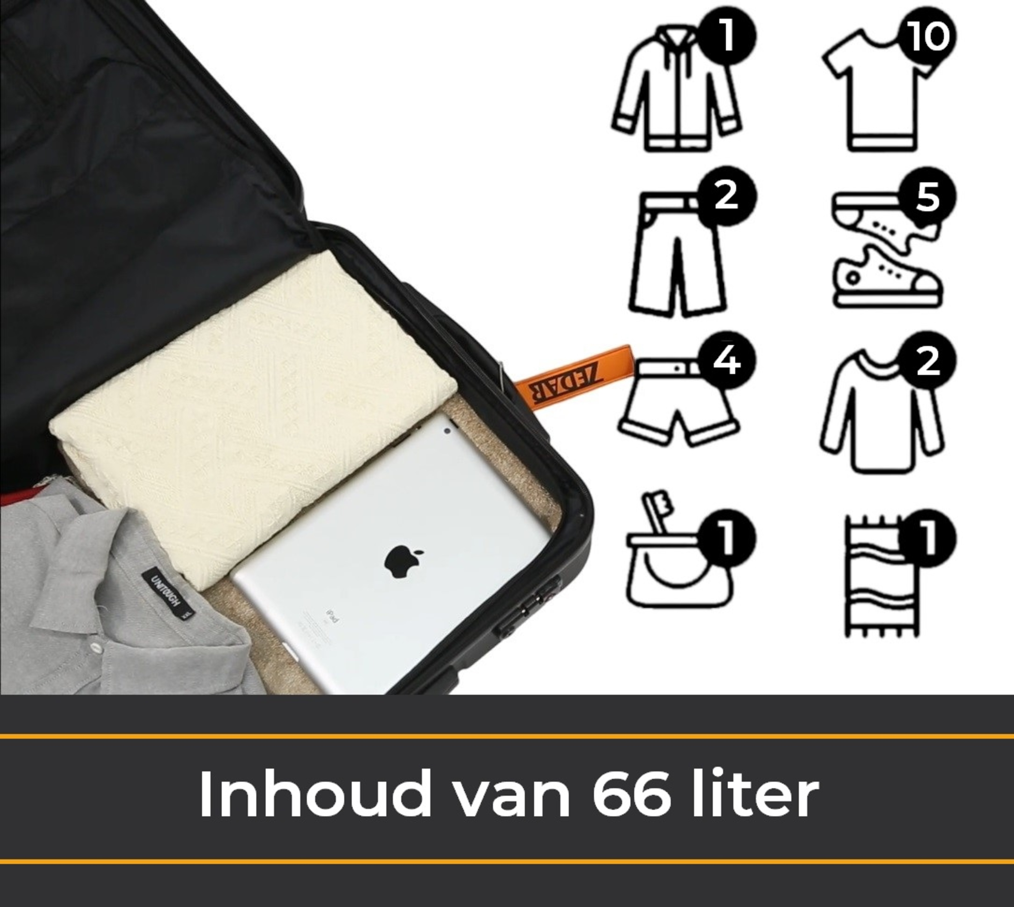 Zwarte koffer open, met kleding en een iPad. Pictogrammen van kleding staan rechts op de afbeelding.