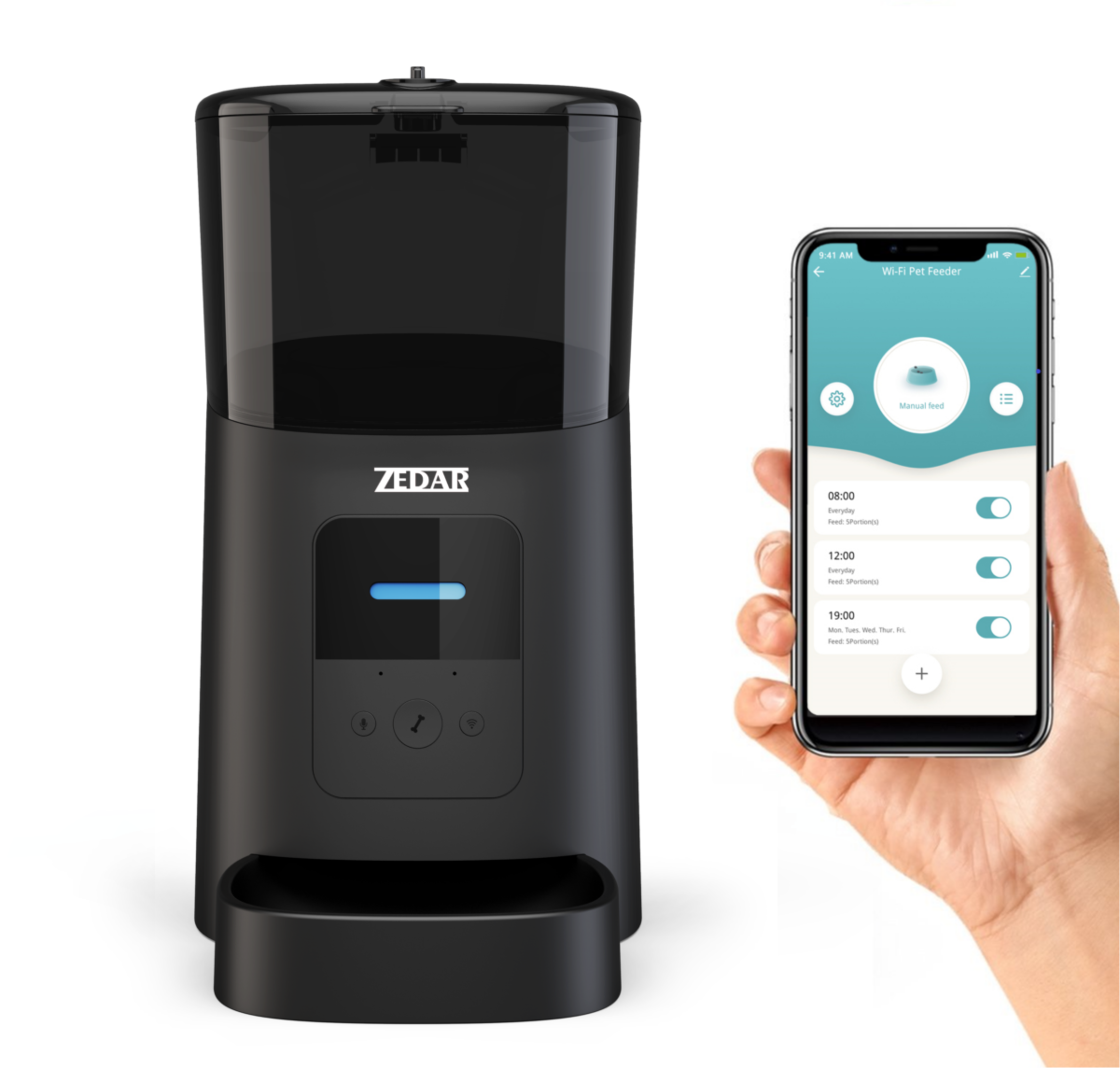 Zwarte ZEDAR voederautomaat en telefoon met voederschema. Hand houdt telefoon met app-interface.