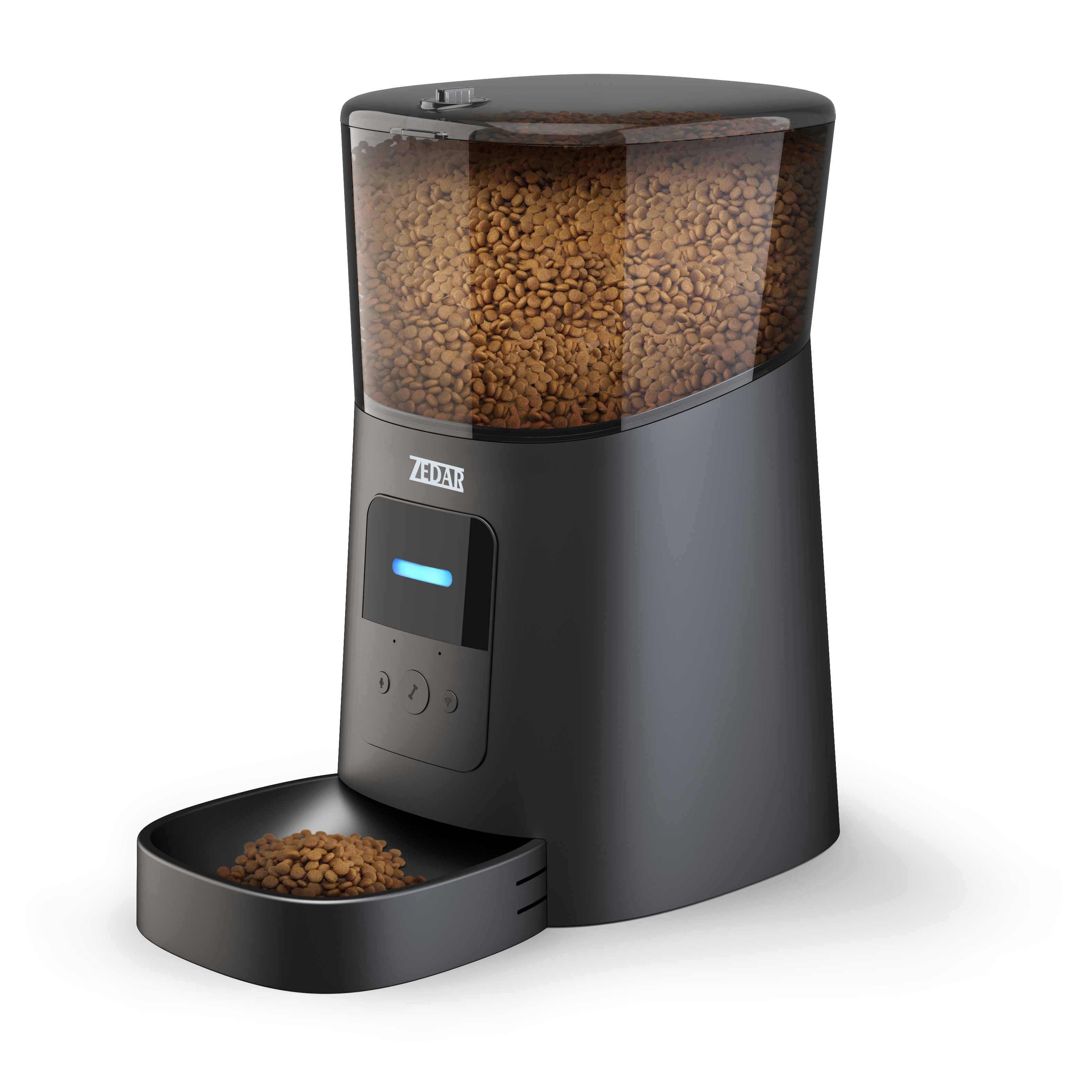 Zwart voederapparaat voor huisdieren met transparante voedselcontainer. Voedsel in de bak. Een blauw licht brandt.