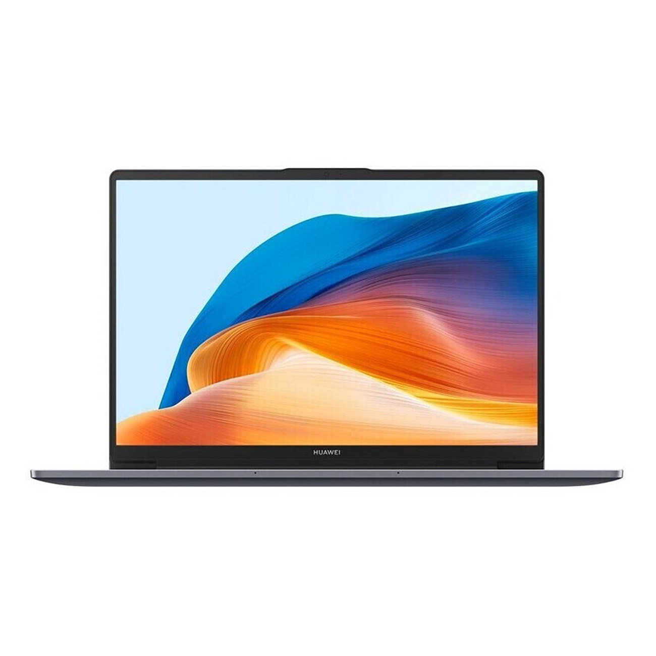 Silberner Laptop mit schwarzem Bildschirm, der ein blau-lila abstraktes Bild zeigt.
