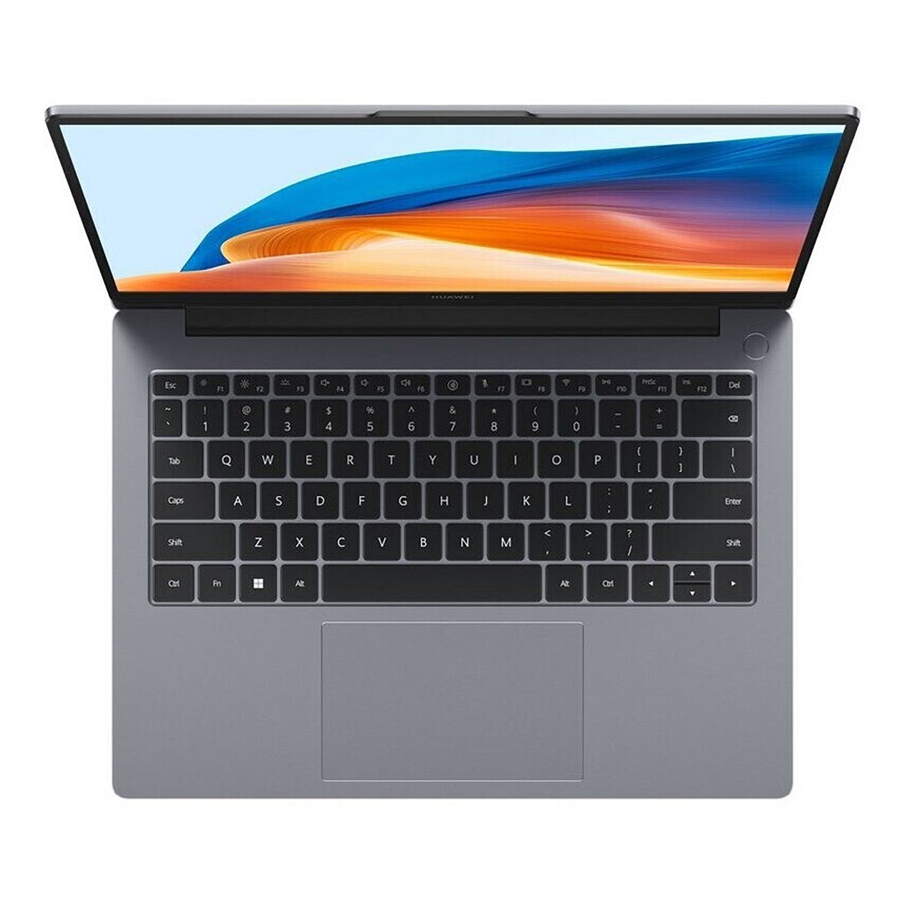 Draufsicht auf einen grauen Laptop, geöffnet. Tastatur und Touchpad sichtbar.