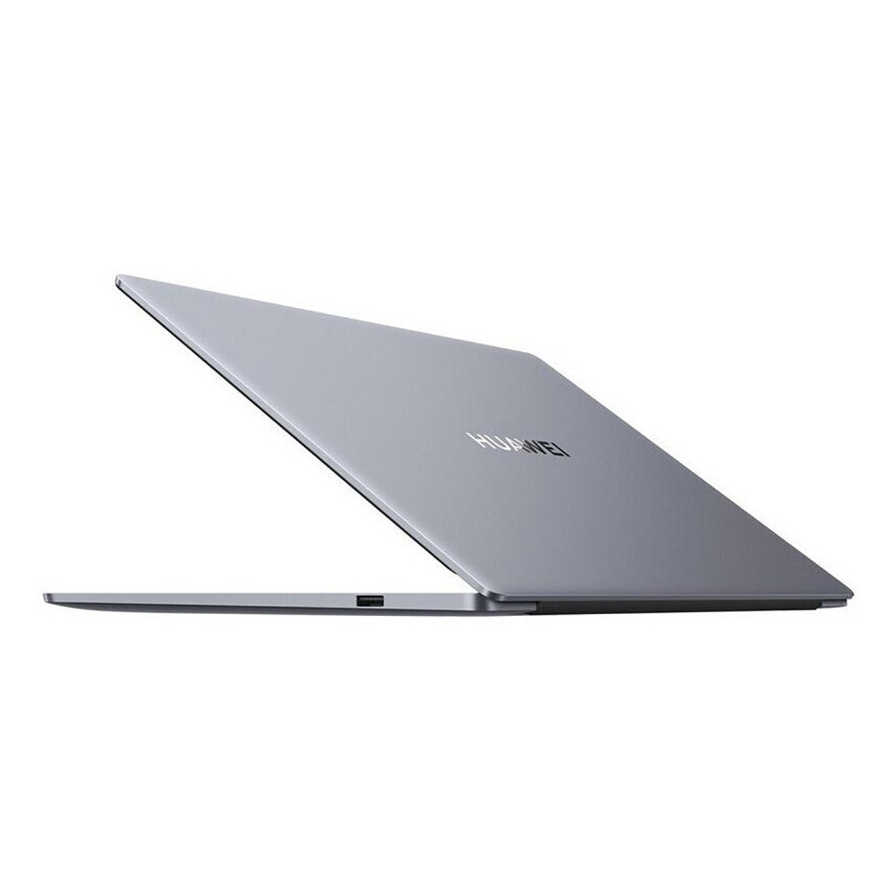 Ein grauer Laptop mit leicht geöffnetem Deckel, der das Huawei-Logo auf weißem Hintergrund zeigt.