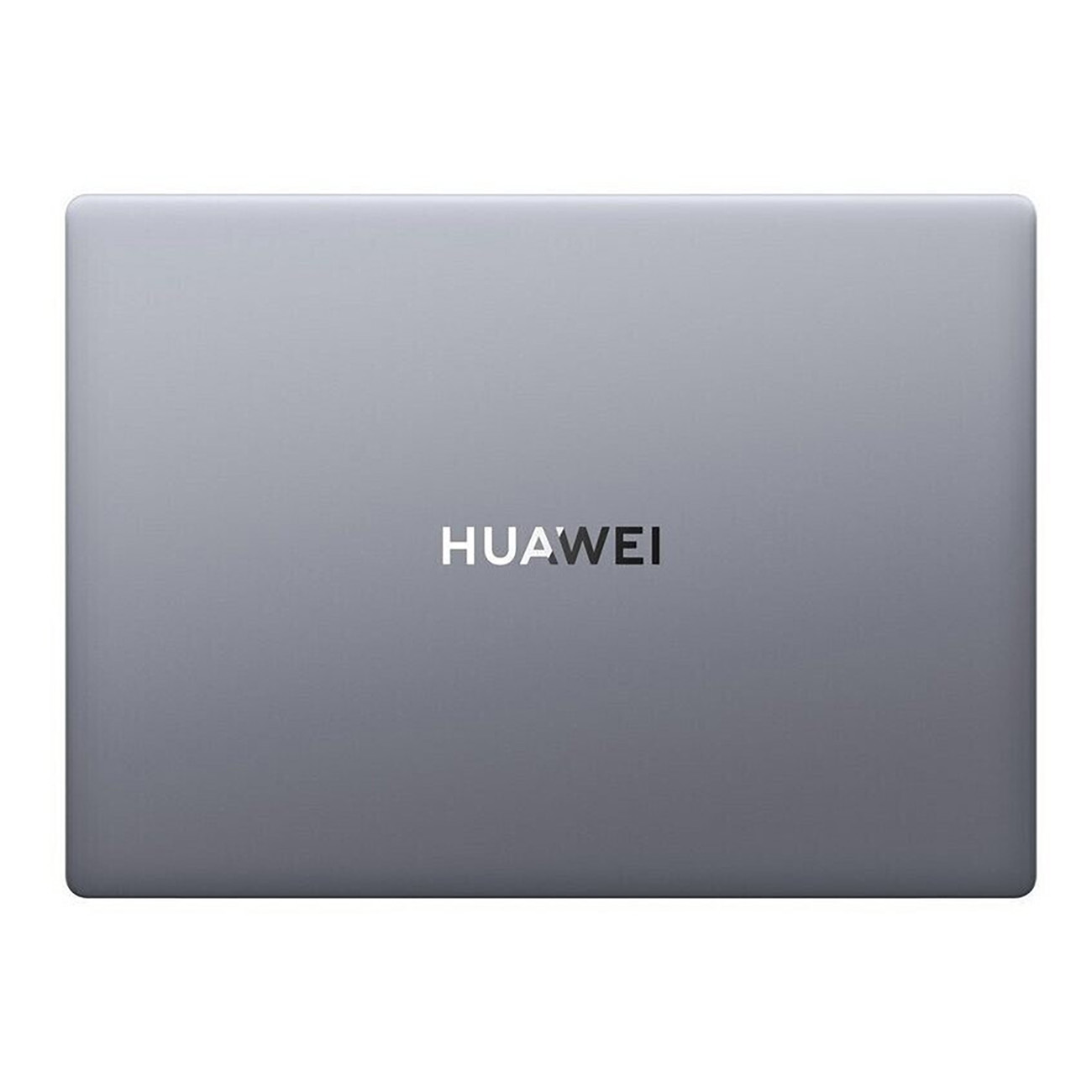 Grauer HUAWEI Laptop. Das HUAWEI-Logo befindet sich mittig auf der Oberseite des Laptops. Es ist ein geschlossener Laptop.