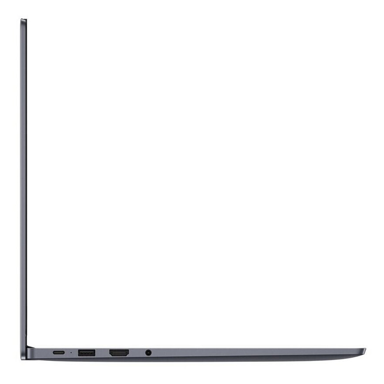 Seitenansicht eines geschlossenen, dünnen, grauen Laptops. Weißer Hintergrund. Minimalistisches Design.