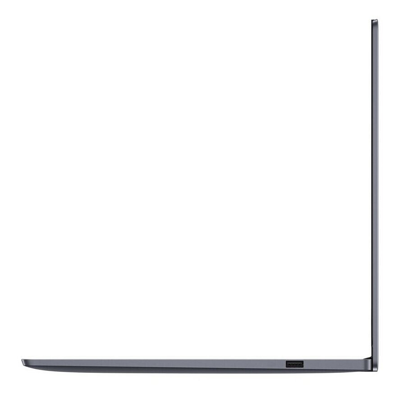 Seitenansicht eines dünnen, grauen Laptops. Der Bildschirm ist leer. Er ist vor weißem Hintergrund.