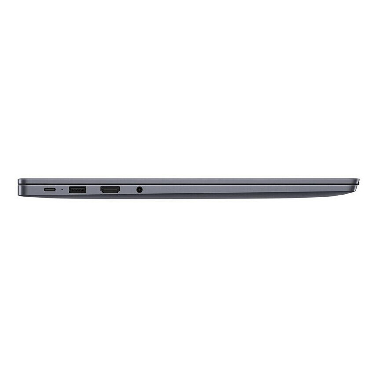Seitenansicht eines dunkelgrauen Laptops mit sichtbaren Anschlüssen. Der Hintergrund ist weiß.