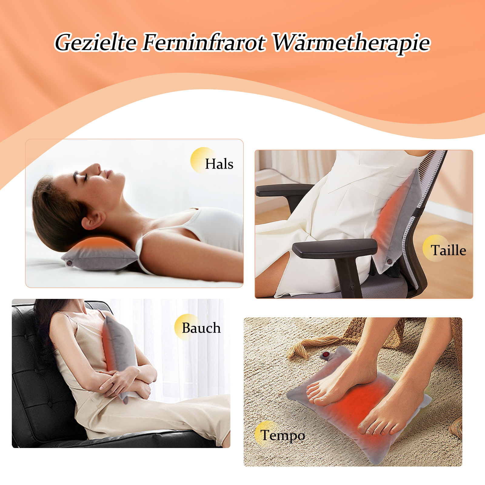 Infrarot-Therapiegerät mit Bildern, die Anwendungen für Nacken, Rücken, Bauch und Füße zeigen.