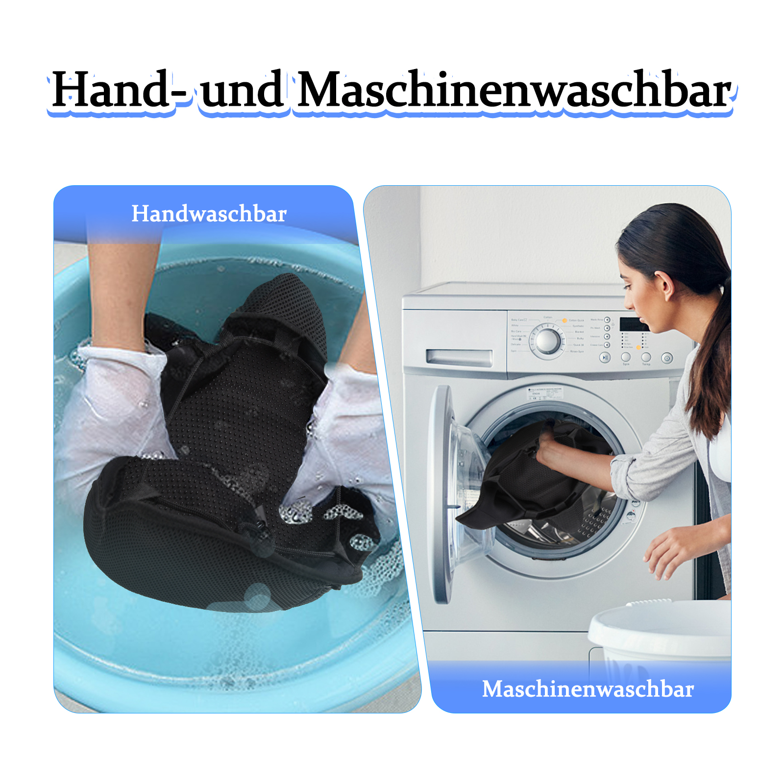 Bild zeigt Waschanweisungen: Handwäsche und Maschinenwäsche. Zwei Bilder mit Textbeschriftungen.